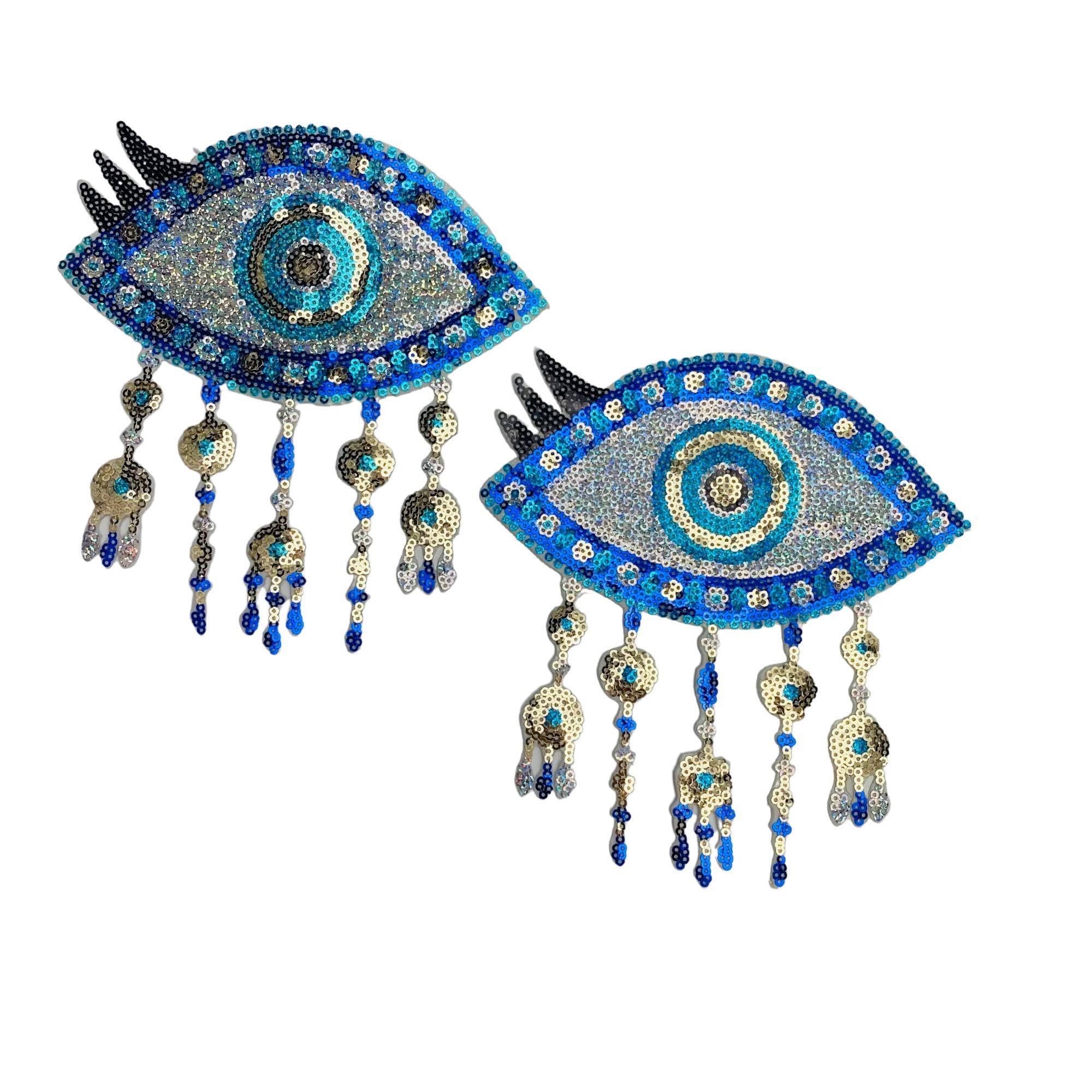 Evil Eye Patch Iron On Applique - Set of 2 Embroidered Sequined Patches for DIY Clothing, Jackets, Bags - Perfect for Halloween Costumes, Festival Outfits & Fashion DIY Projects