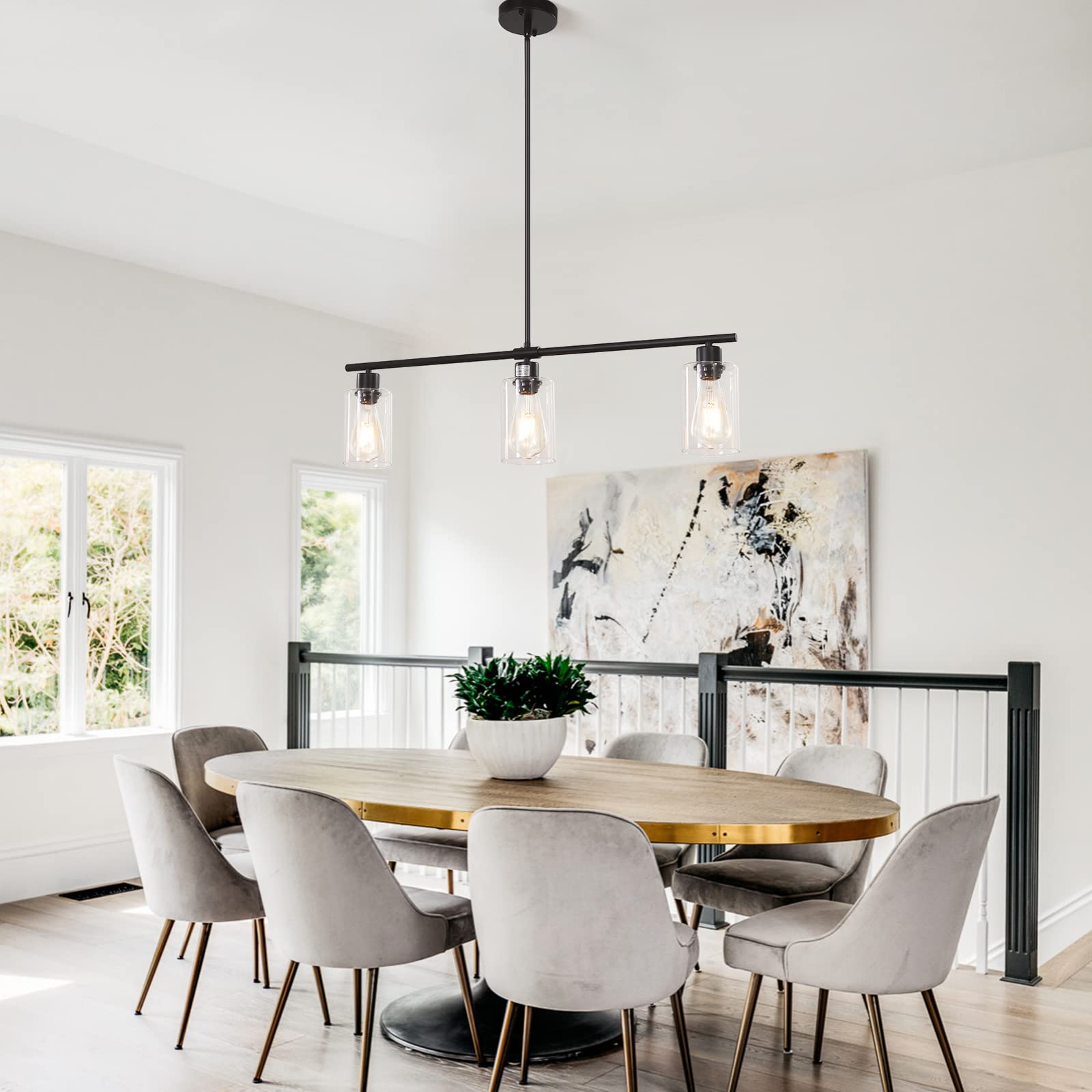 Modern Black Linear Chandelier Pendant Light - 3-Light Kitchen Island Lighting with Glass Shades, Hanging Fixture for Foyer, Bar, Living Room, Dining Room & Bedroom | Perfect for Contemporary Home Decor and Ambient Lighting