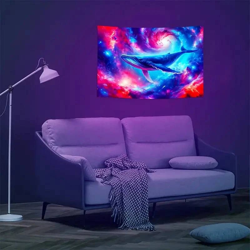 Galaxy Whale UV Glow Tapestry Wall Art - Psychedelic Blacklight Poster for Bedroom, Living Room & Dorm Decor - Glow in The Dark Space Themed Room Decor