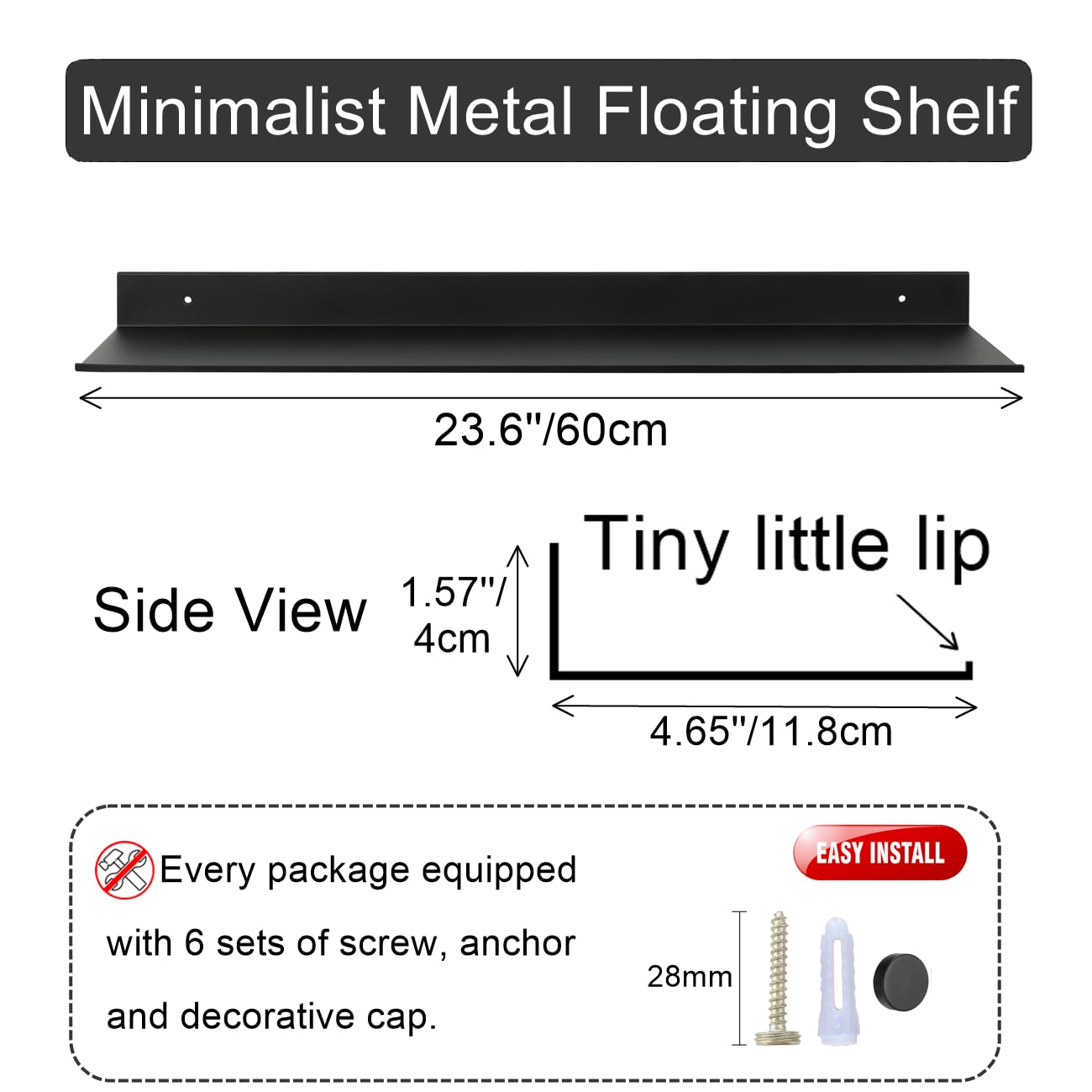 2 Pack 24 Inch Metal Floating Shelves - Matte Black Aluminum Wall Mounted Shelves for Living Room, Kitchen, Entryway Storage | Modern Home Decor & Organization Solution