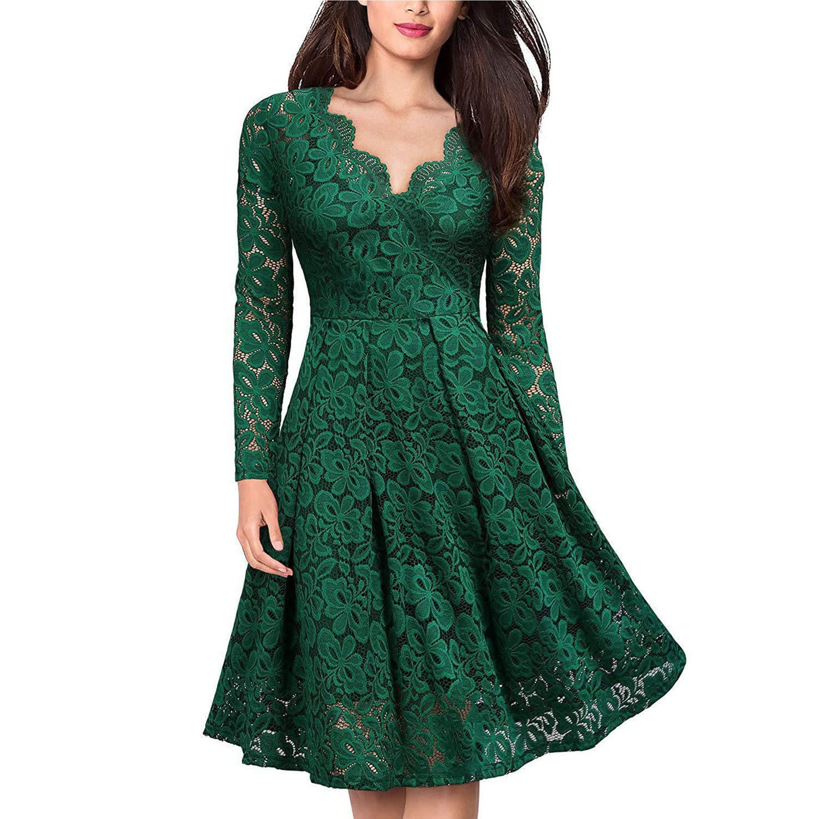 Elegant Women's Lace Cocktail Dress - Sexy Long Sleeve V-Neck Wrap Midi Dress for Wedding Guest, Party & Special Occasions | Vintage-Inspired Swing Dress for Evening Events & Formal Gatherings