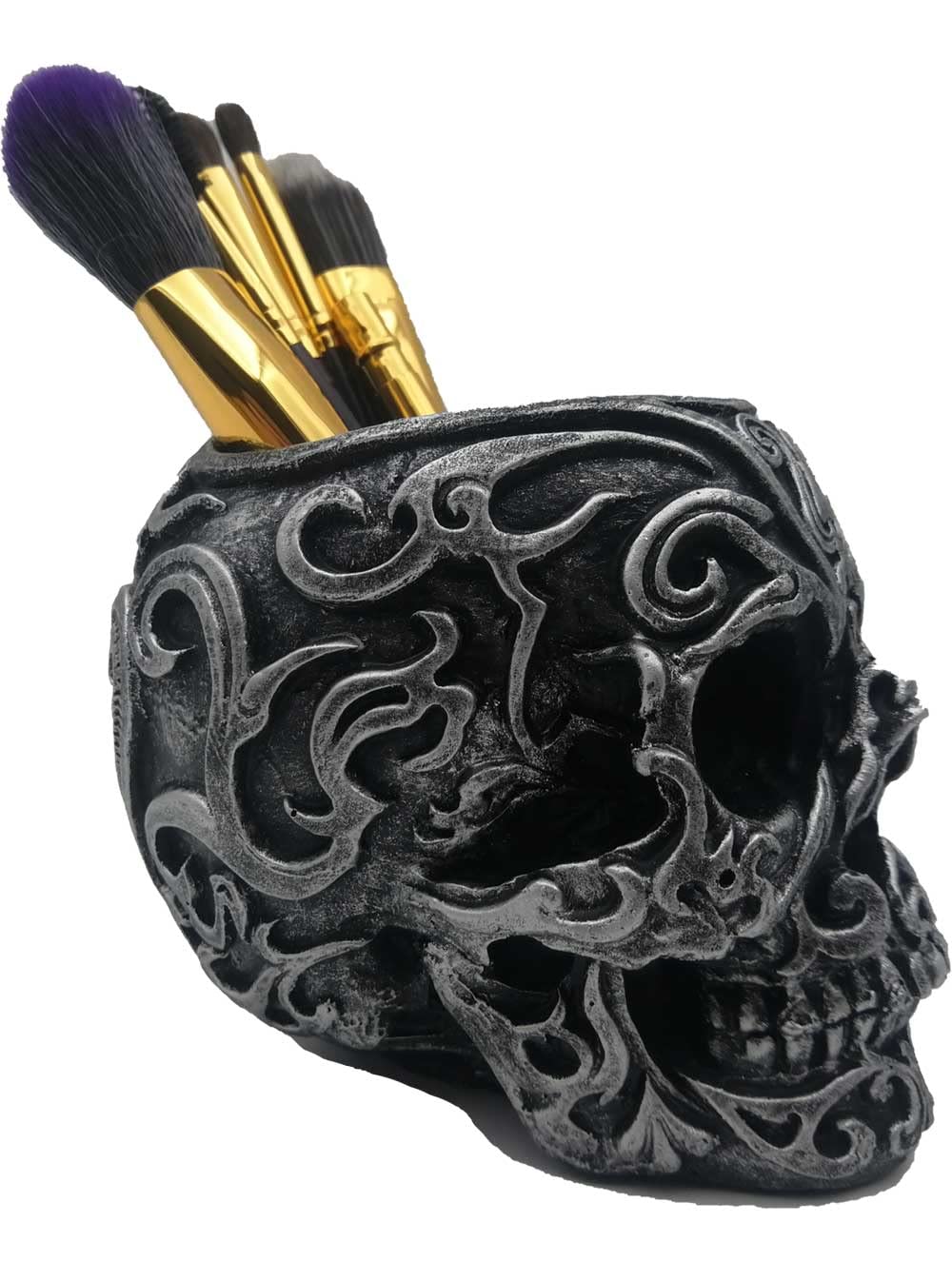 Gothic Skull Makeup Brush Holder & Pen Organizer - Durable Resin Vanity Decor for Home Office Desk, Succulent Planter & Makeup Accessory Storage (Silver) | Perfect for Gothic Decor, Makeup Artists & Dark Aesthetic Lovers