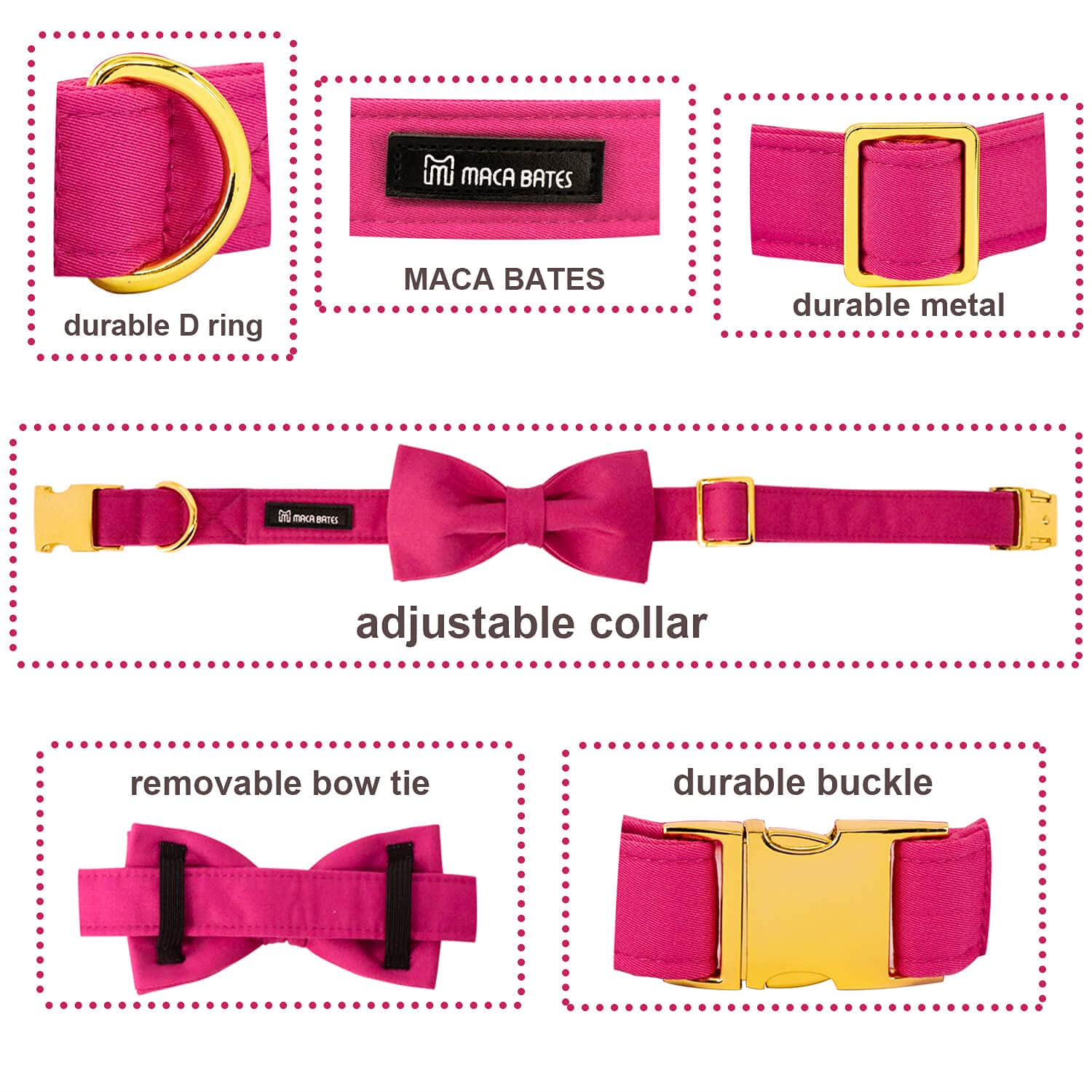 Premium Maca Bates Dog Collar with Rose Red Bow Tie | Adjustable Breakaway Collar for Small Medium Large XL Dogs | Birthday Gift for Puppies & Pets | Perfect for Special Occasions, Photo Shoots & Daily Walks