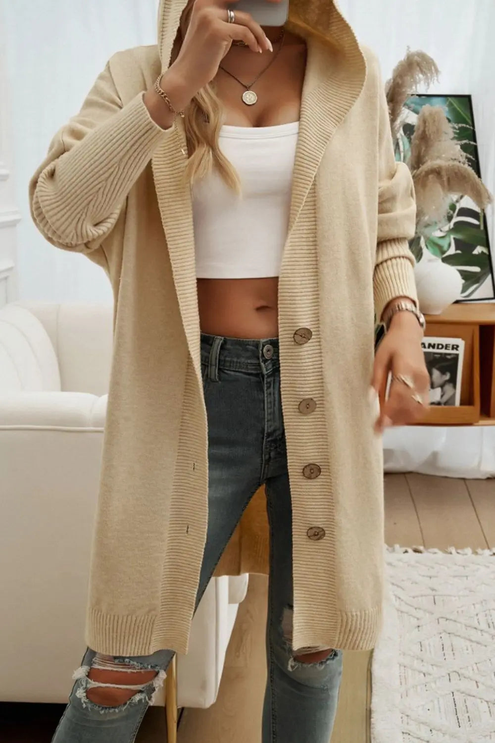 Women's Button Up Long Sleeve Hooded Cardigan Sweater - Cozy Fall & Winter Layering Piece for Casual Outfits and Office Wear