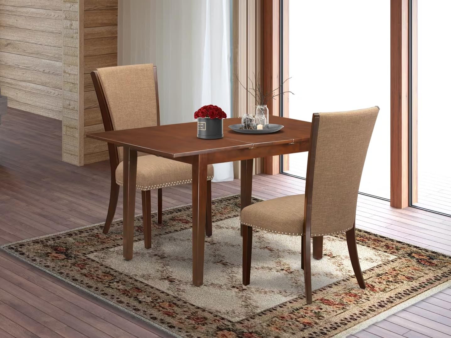 East West Furniture 3-Piece Kitchen Table Set with Butterfly Leaf - Rectangle Dining Table & 2 Light Sable Linen Parson Chairs, 32x54 Inch, Mahogany - Perfect for Small Spaces, Breakfast Nooks & Cozy Dining Areas