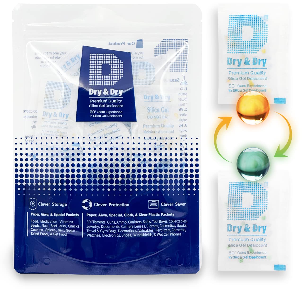 Dry & Dry 5 Gram [50 Packets] Orange Indicating Silica Gel Packets - Food Safe Desiccants for Moisture Control | Ideal for Food Storage, Spice Jars, Medication Containers & Electronics Protection