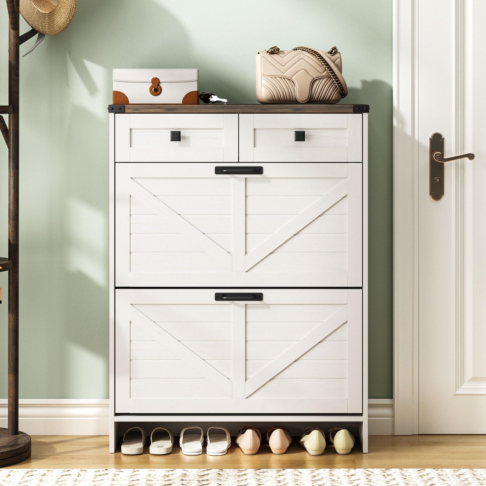 Farmhouse Shoe Storage Cabinet with 2 Flip Drawers & 2 Drawers - Slim Freestanding Entryway Organizer for Front Door - White | Perfect for Small Spaces, Hallway & Apartment Entry Organization