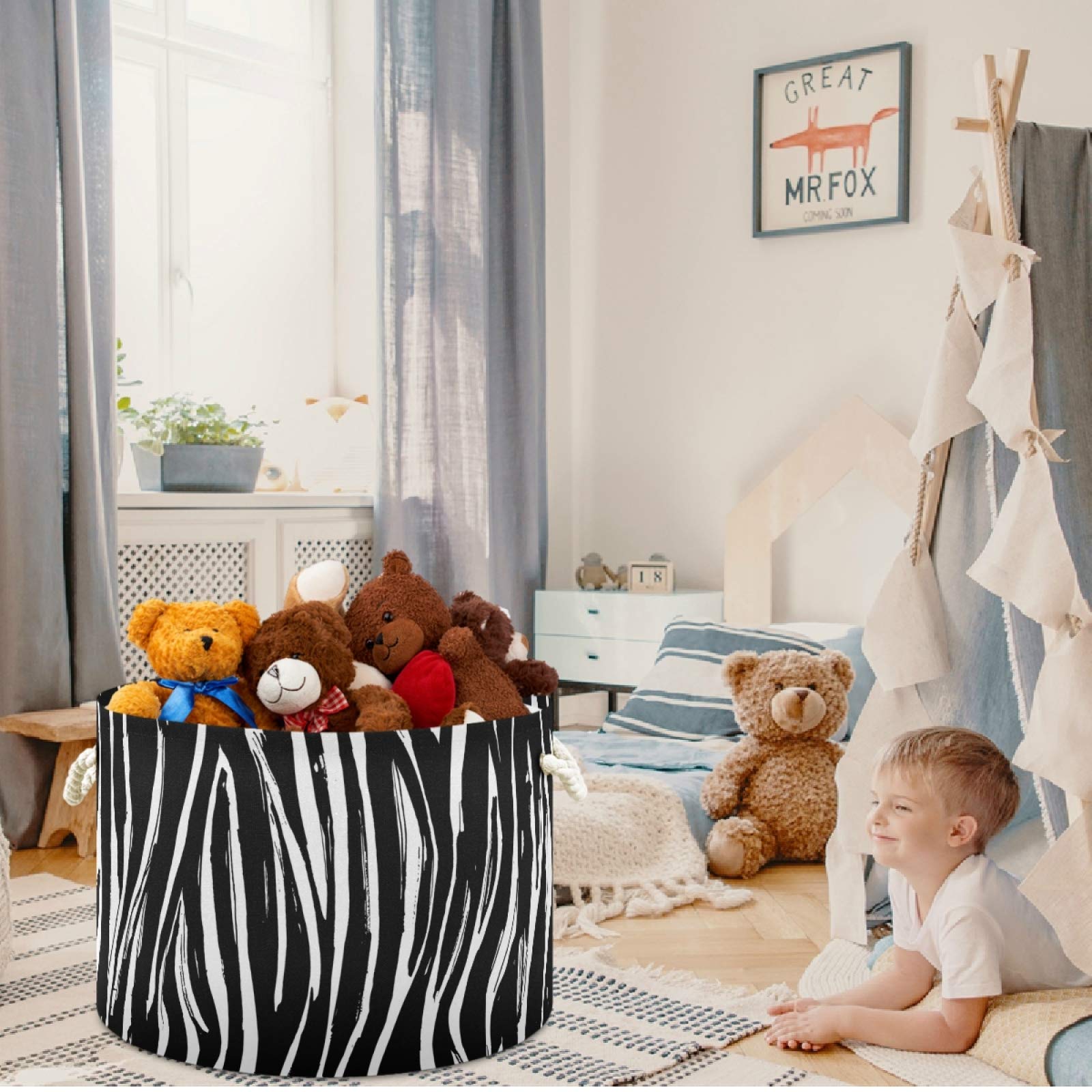 Visesunny Collapsible Zebra Stripe Laundry Basket - Fabric Storage Bin for Clothes, Toys & Organizing - Perfect for Bathroom, Bedroom, Nursery, Closet & Office - Foldable Storage Solution for Home Organization