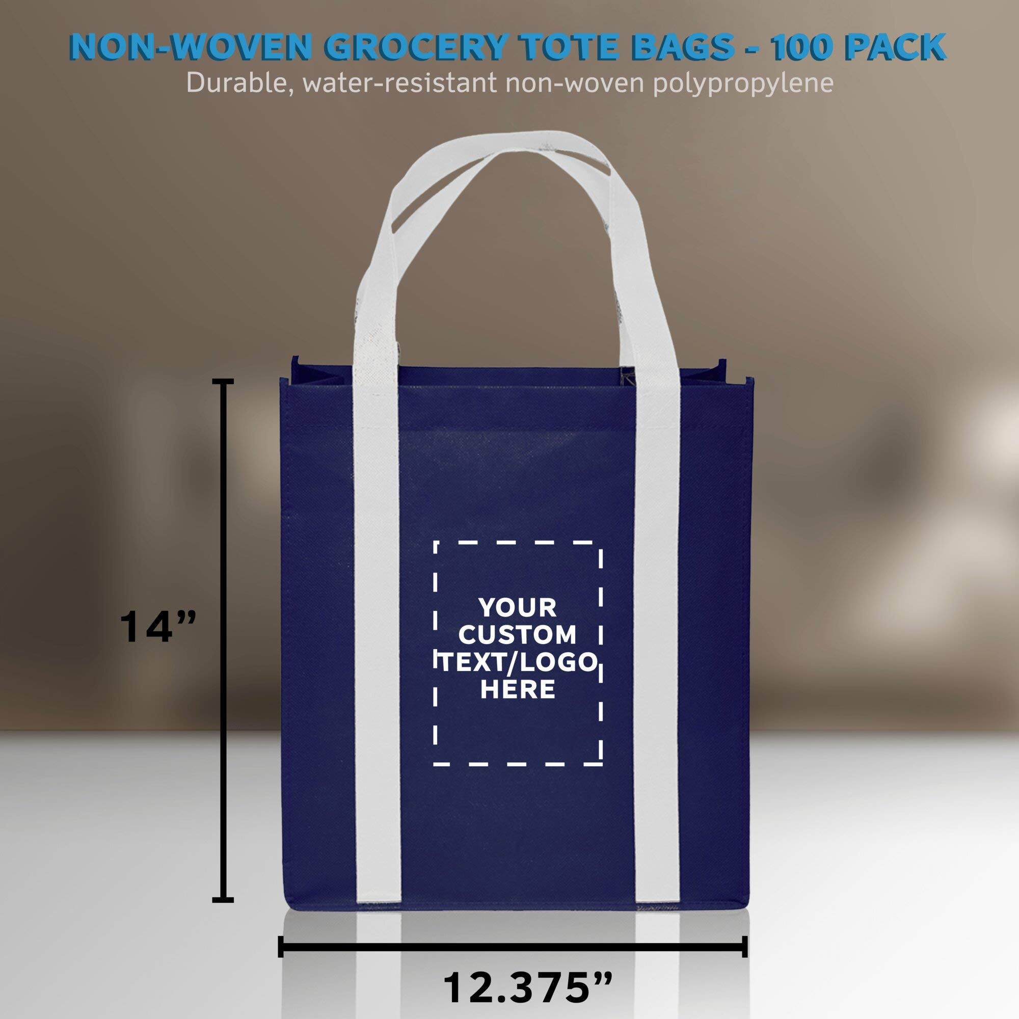 Custom Non-Woven Reusable Shopping Tote Bags - Bulk Pack of 100 Personalized Grocery Bags - Eco-Friendly Navy & White Totes for Shopping, Beach, Picnics, Wedding Favors & Retail Promotions