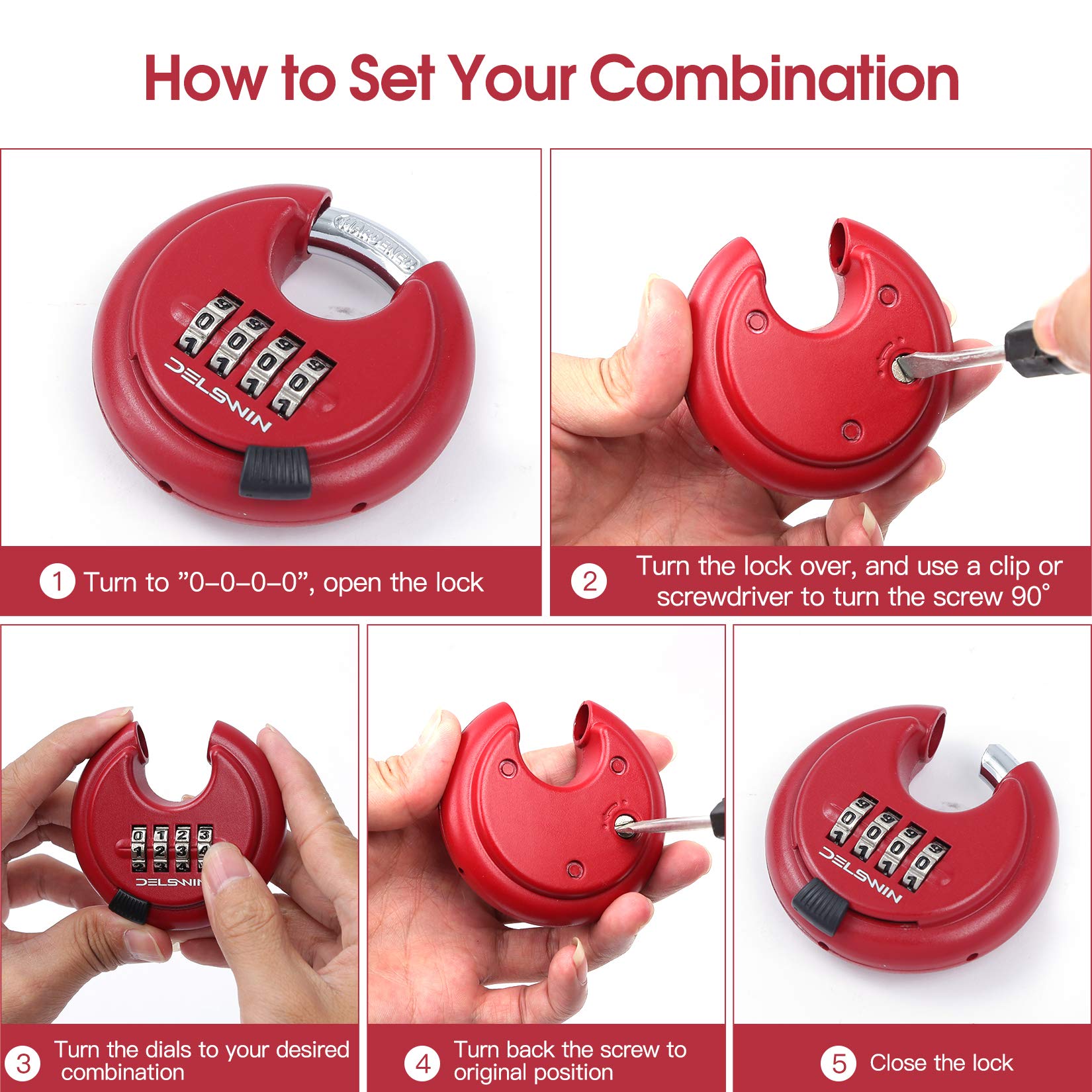 High Security Disc Combination Padlock - Silver & Red - Ideal for Lockers, Gym Bags, Toolboxes & Outdoor Use