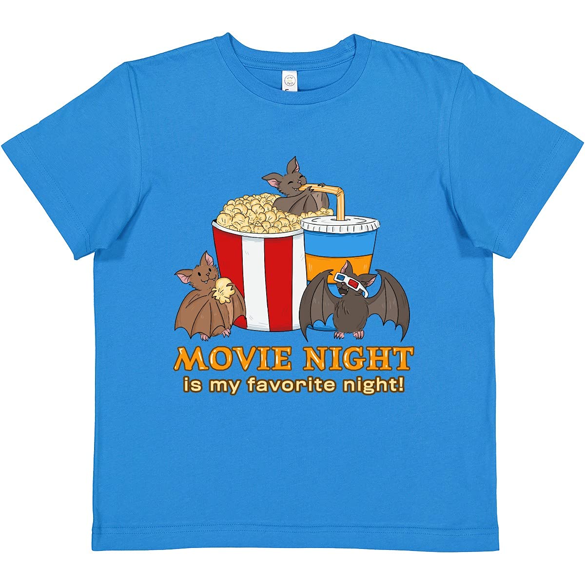 Movie Night is My Favorite Night Bats with Popcorn Women's Graphic T-Shirt - Cute Casual Tee for Movie Lovers & Film Enthusiasts - Perfect for Cinema Outings, Netflix Nights & Popcorn Parties