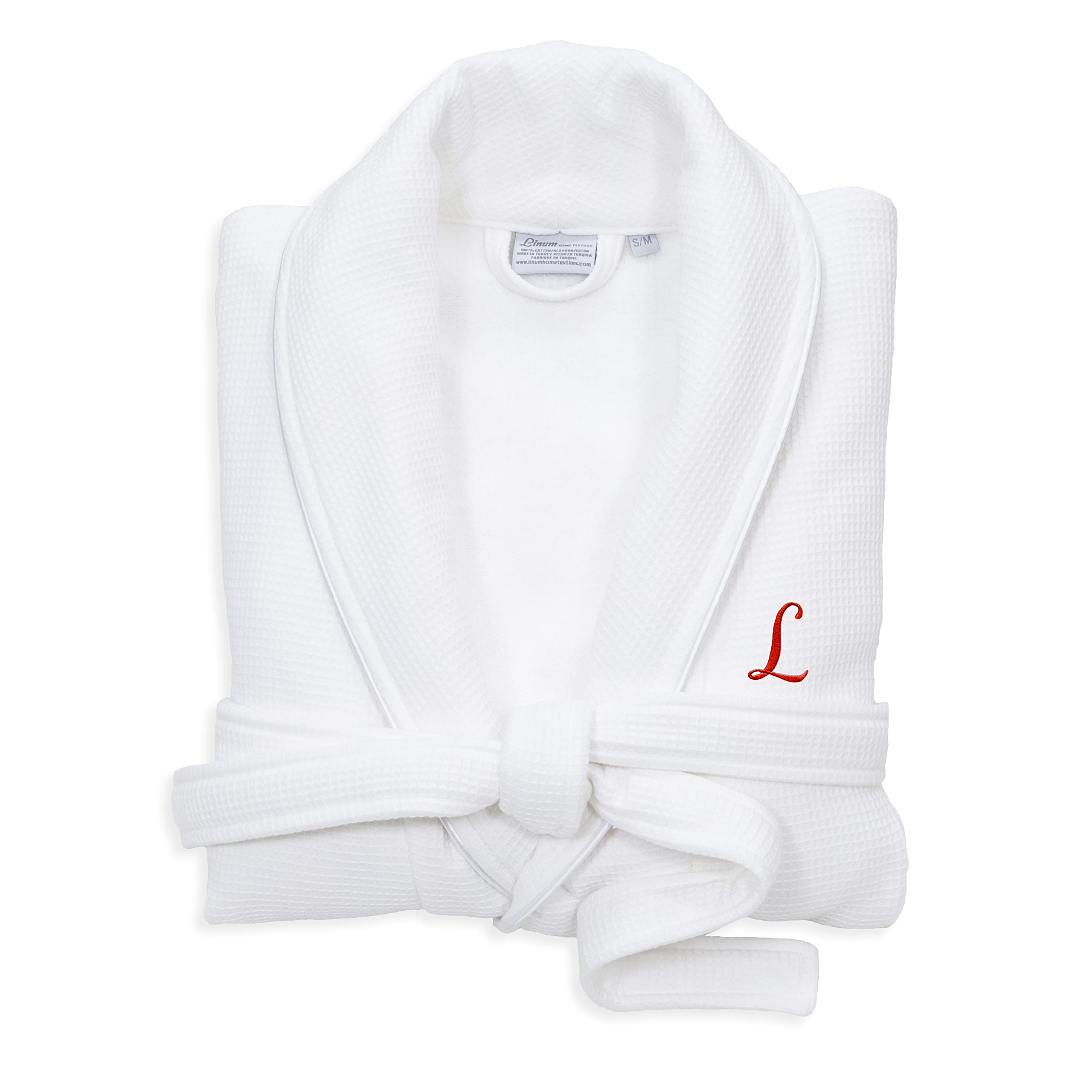 Premium White Unisex Turkish Cotton Waffle Weave Bathrobe with Red Monogram - Soft & Absorbent Terry Cloth Robe for Spa, Hotel & Home Relaxation (Sizes L-XL)