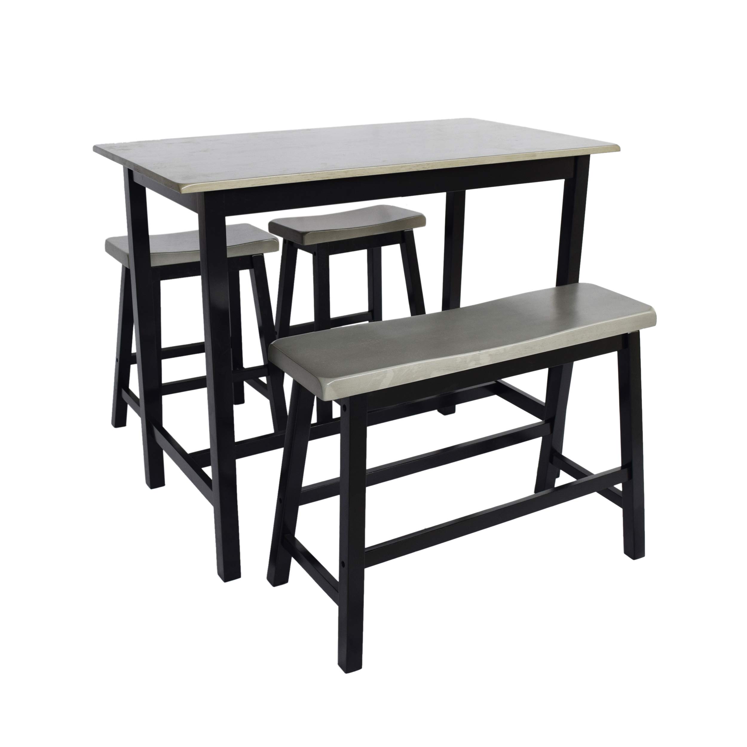 Farmhouse 4-Seater Rubberwood Counter Height Dining Set - Gray & Black - Rustic Kitchen Table & Stools for Small Spaces, Breakfast Nook, or Apartment Dining Area