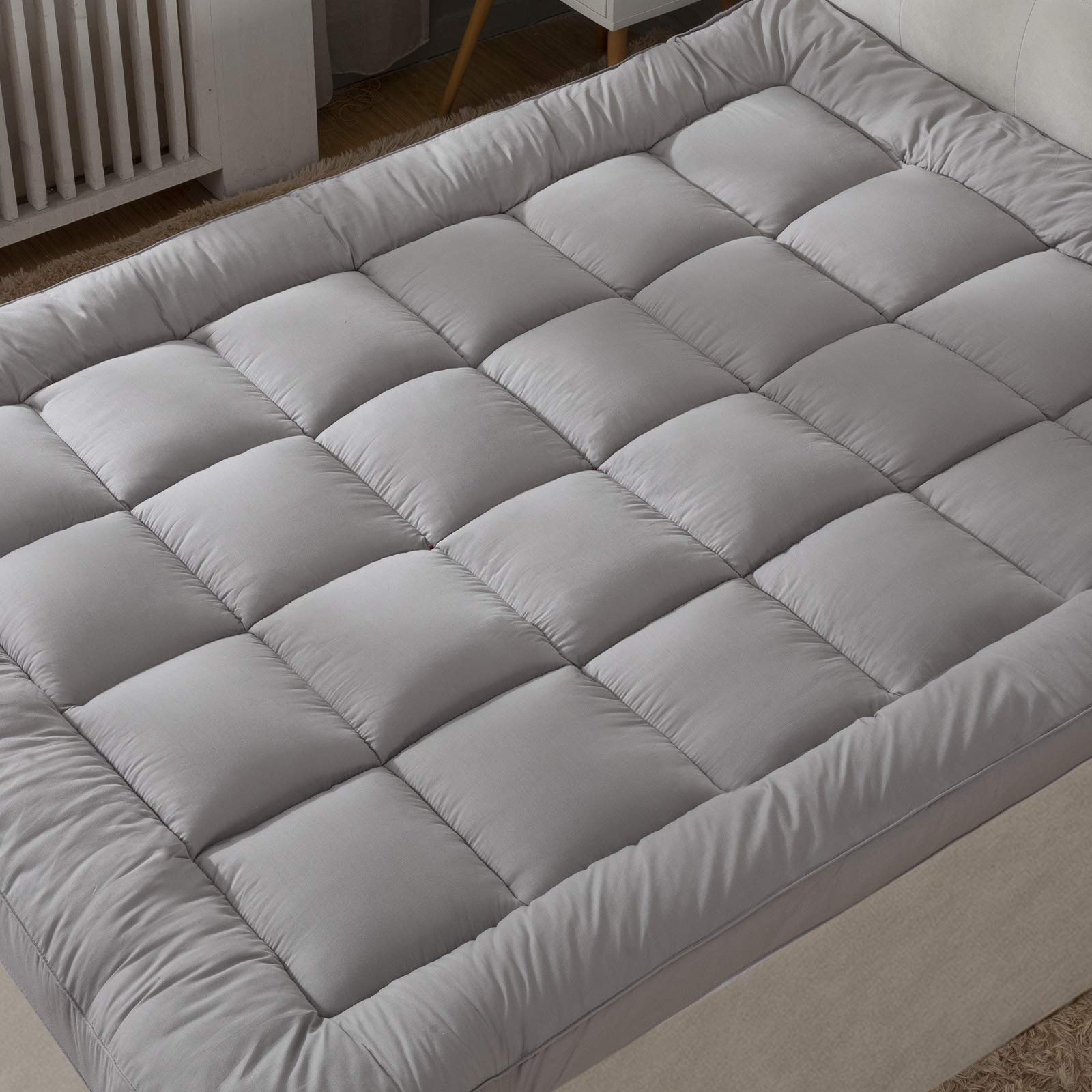 Soft Pillow Top Mattress Topper King Size - Extra Thick Plush Bed Topper for Firm Mattress with 100% Cotton Cover, Relieves Back Pain, Fits 6”-22” Mattress (Grey) - Perfect for Side Sleepers & Pressure Relief in Master Bedroom