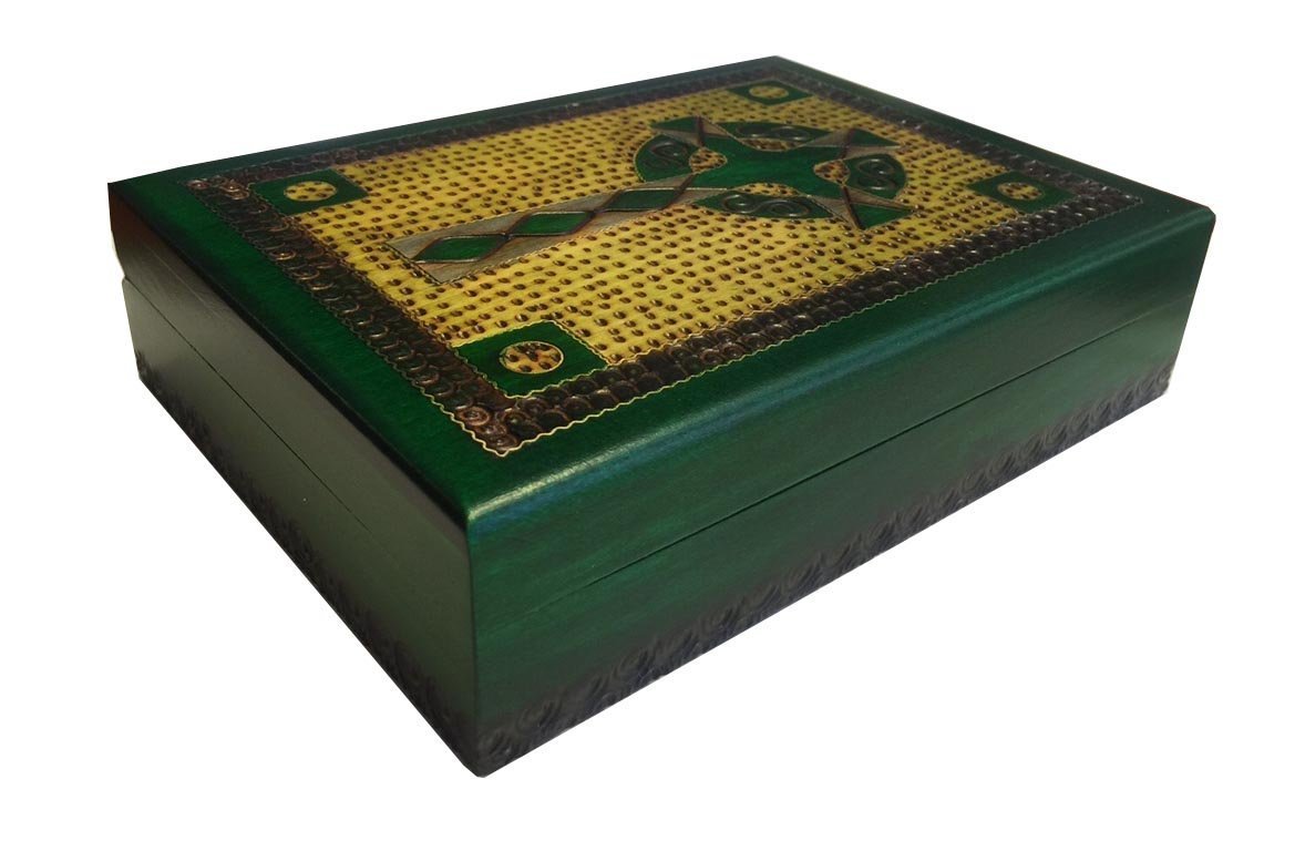Handcrafted Celtic Cross Irish Green Wooden Keepsake Box with Brass Inlay - Perfect for Jewelry Storage, Home Decor & Gift Giving