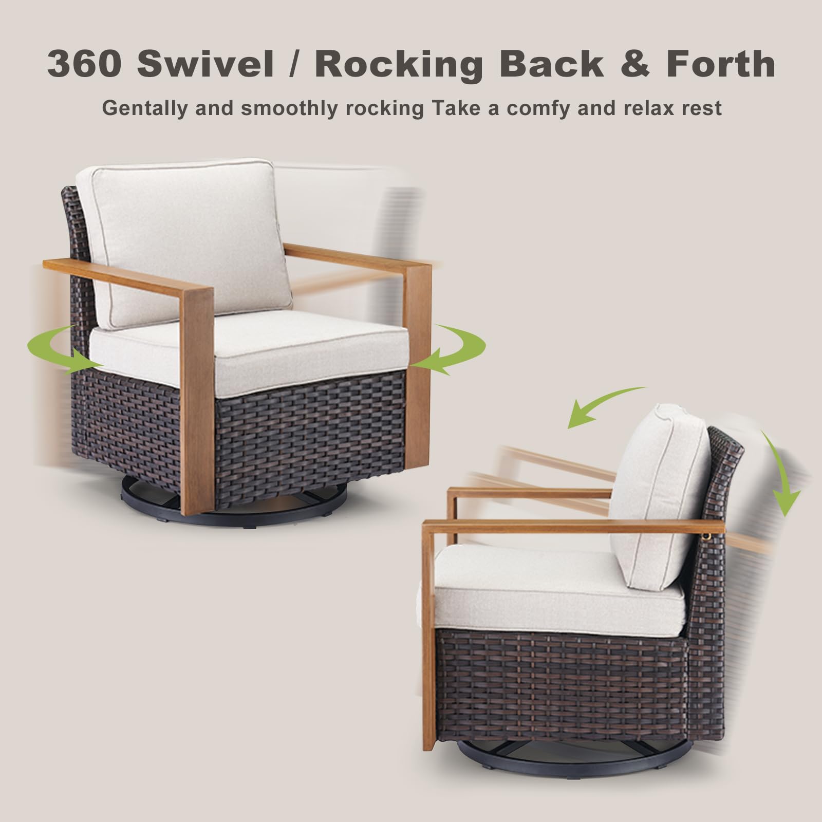Outdoor Patio Swivel Rocker Chairs Set of 2 - Wicker Rattan Swivel Rocking Chairs with Wide Metal Armrests, Thick Cushions & Deep Seating for Deck, Porch, Sunroom or Garden (Brown/Beige) - Perfect for Relaxing, Lounging & Entertaining Guests
