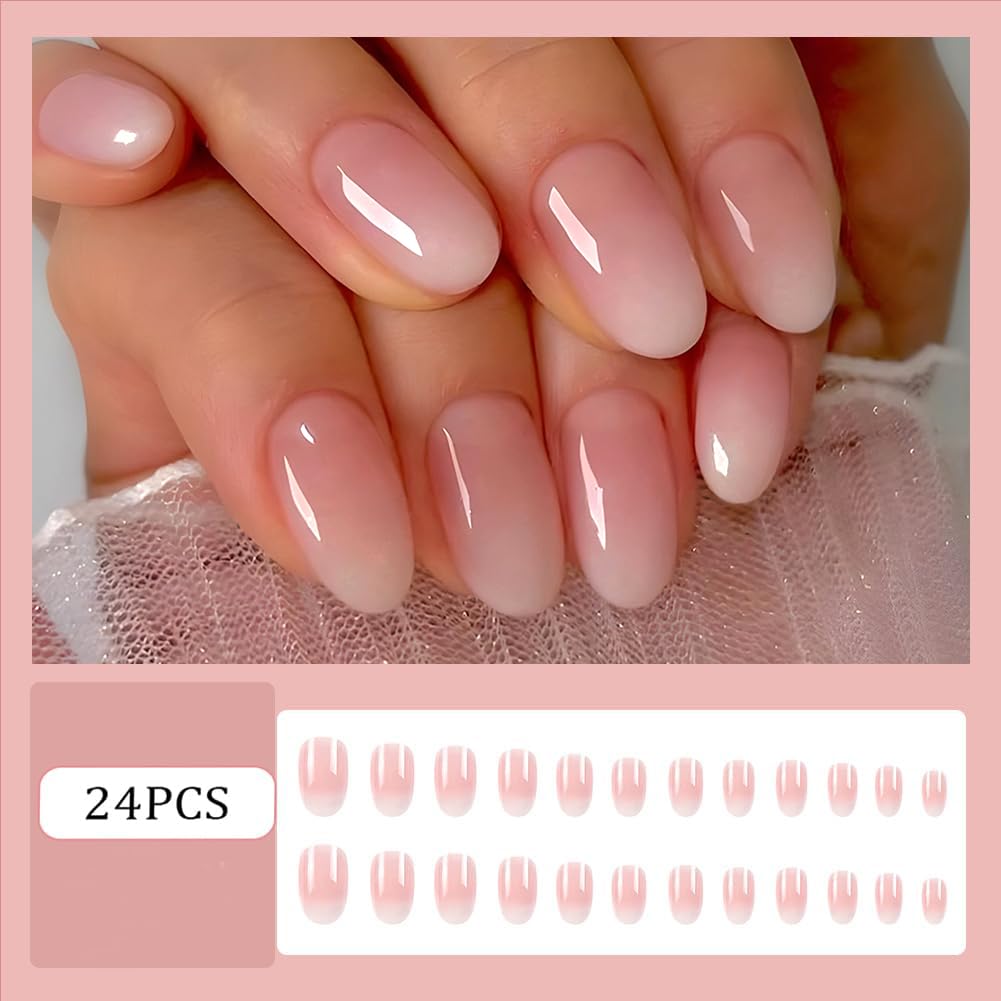 24Pcs Almond Press on Nails - Short Round White Ombre Fake Nails with Elegant Designs | Acrylic Stick on Artificial Nails for Women & Girls | Perfect for Parties, Weddings & Daily Wear