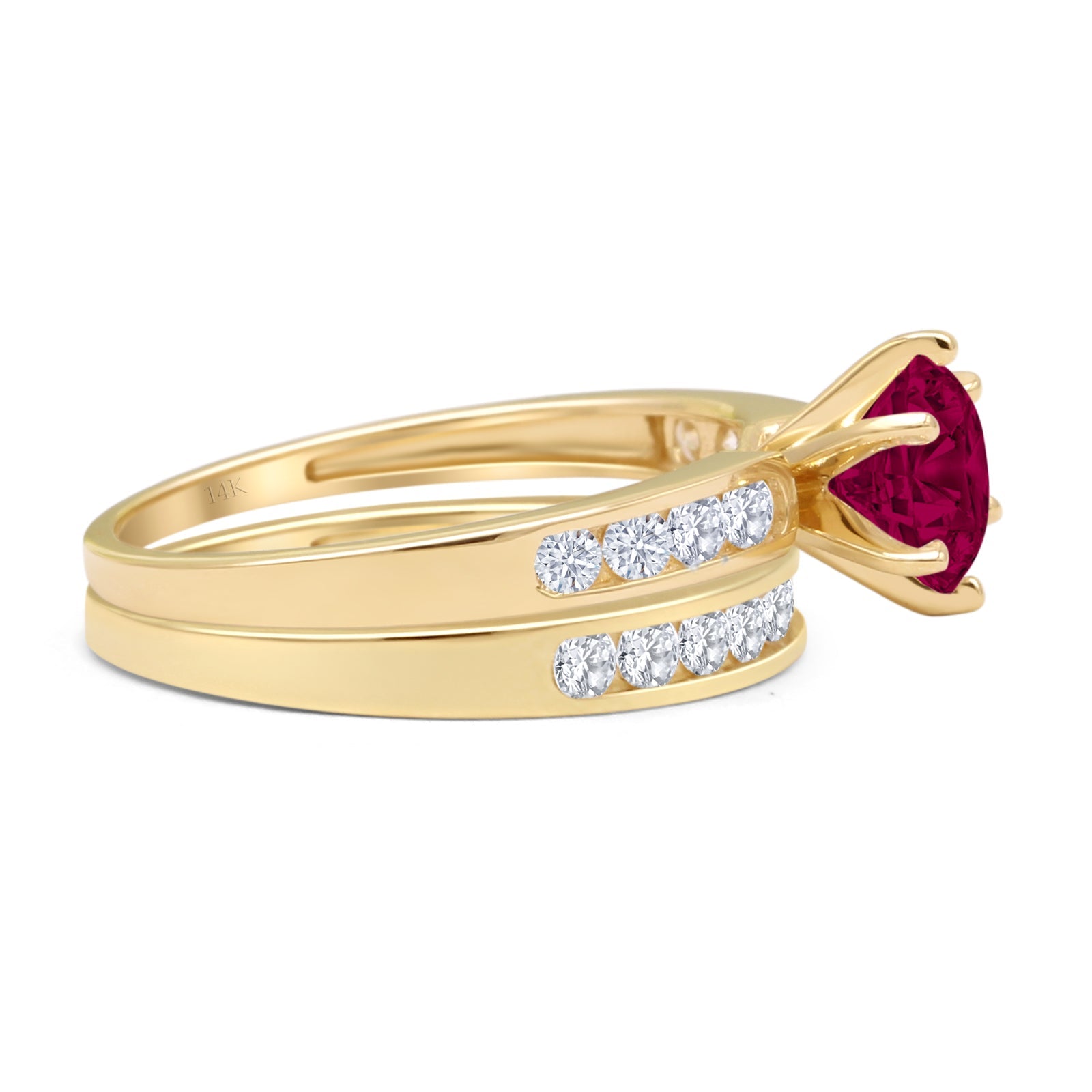 14K Yellow Gold Two Piece Half Eternity Round Ruby CZ Cathedral Wedding Ring Set - Elegant Bridal Jewelry for Engagement, Anniversary & Special Occasions