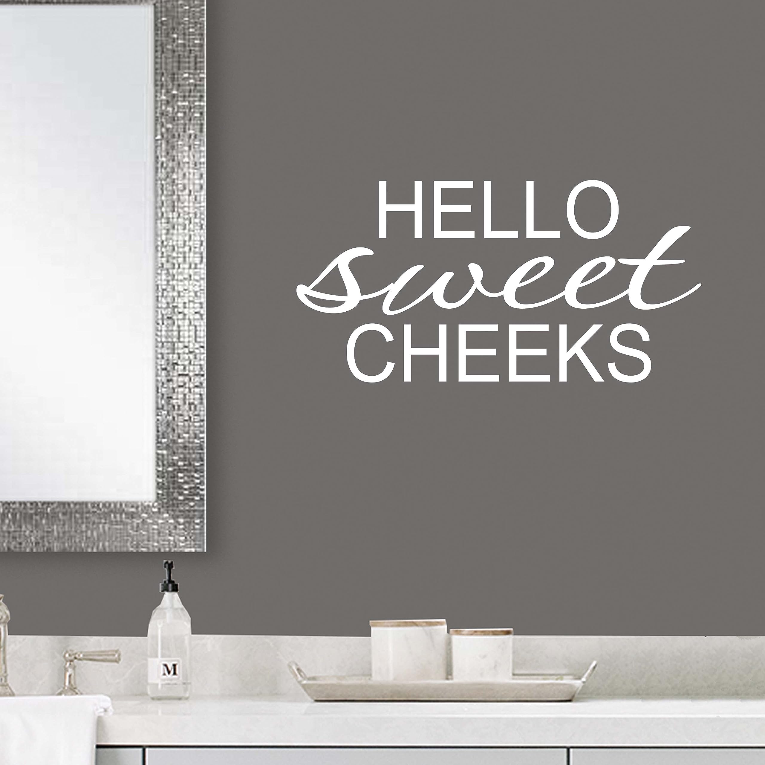 Hello Sweet Cheeks Wall Decal Stickers - Funny Bathroom Decor for Home & Office - White Vinyl Wall Art - Perfect for Bathroom, Nursery, or Kids Room Decor