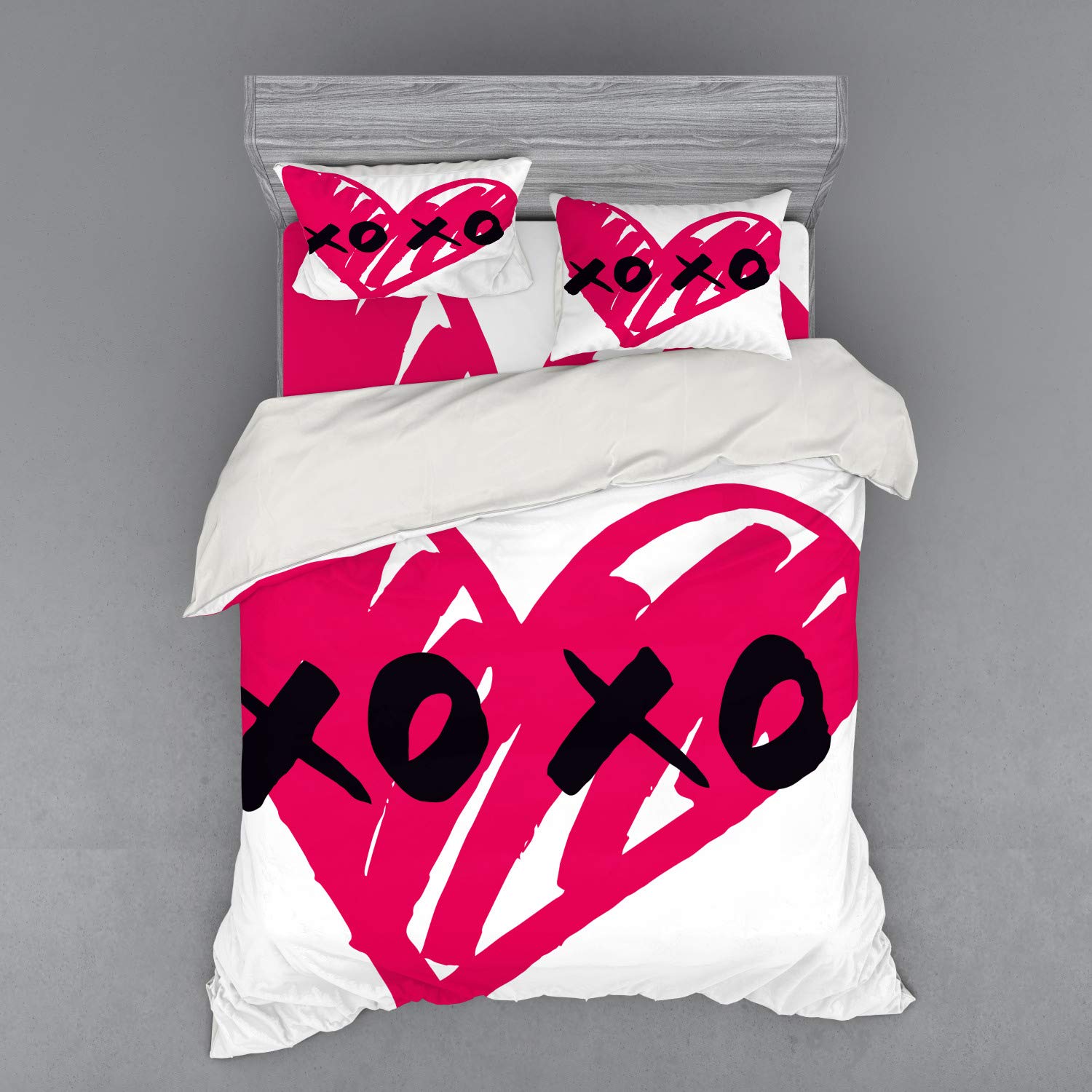 Ambesonne Xo Romantic Bedding Set - Queen Size 4-Piece Duvet Cover Set with Shams & Fitted Sheet - Abstract Heart Kisses Calligraphy Design in Pink & Black - Perfect for Couples Bedroom, Anniversary Gift & Valentine's Day Decor