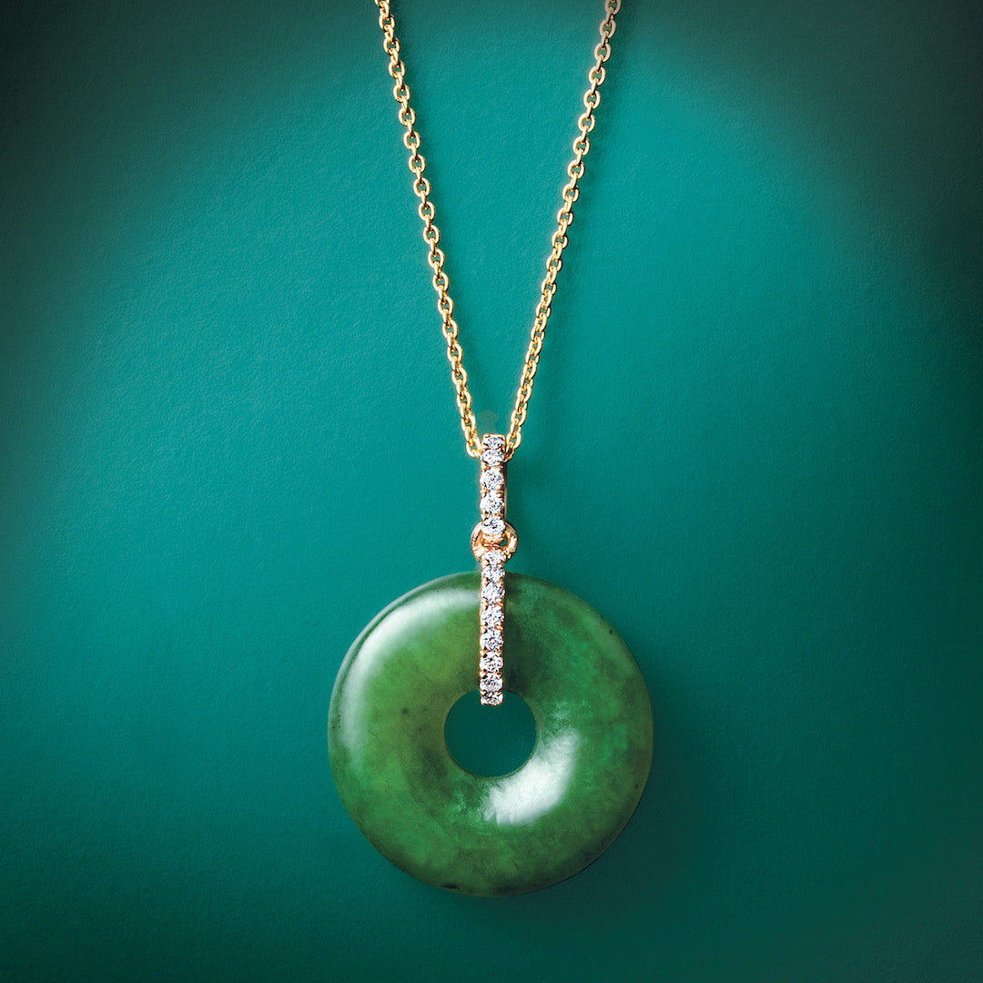 Green Nephrite Jade Pi & Diamond Pendant Necklace | Elegant Jewelry Gift for Women | Perfect for Weddings, Anniversaries & Special Occasions
