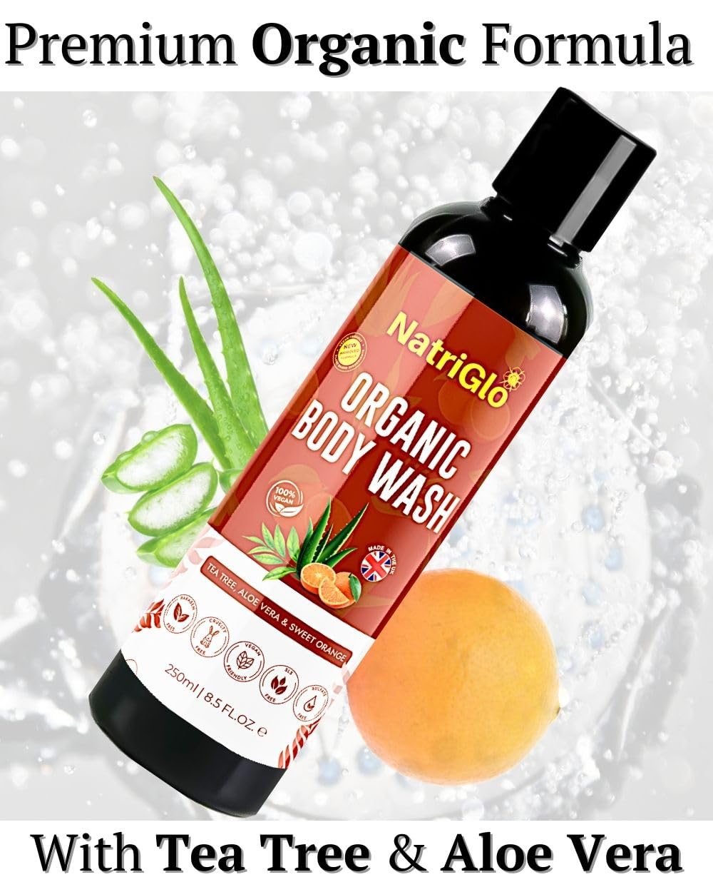 NatriGlo Organic Tea Tree Body Wash for Sensitive Skin - Soothes Ringworm, Itch & Body Odor | Natural Shower Gel for Dry Skin - Gentle Cleanser for Women & Men | Perfect for Daily Hygiene & Post-Workout Refreshment