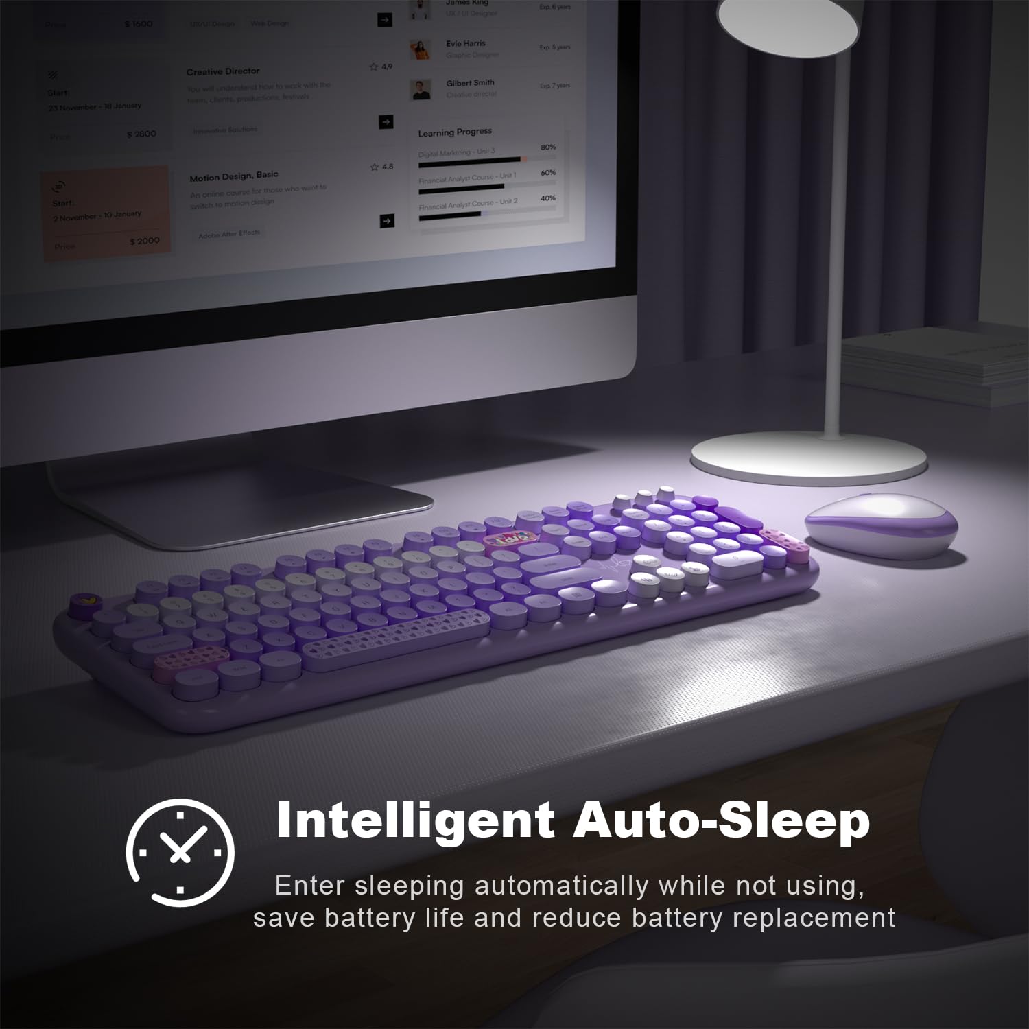 Retro Wireless Keyboard & Mouse Set for Mac/PC - Purple Typewriter Style for Home Office