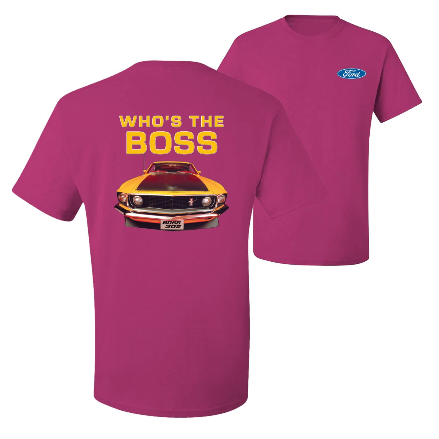 Who's The Boss Yellow 1969 Mustang 302 Vintage Car T-Shirt for Men - Classic Muscle Car Enthusiast Tee for Car Shows & Casual Wear