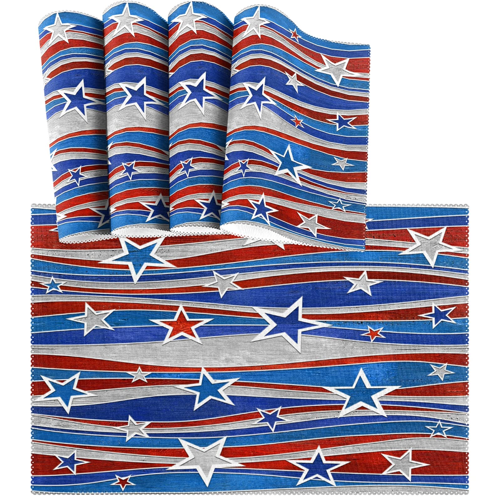 Visesunny 4th of July Patriotic Placemats Set of 6 - Vintage USA Flag Design with Wavy Stripes, Heat-Resistant & Anti-Skid Table Mats for Dining, Kitchen - Perfect for Independence Day Decor, BBQ Parties & Holiday Gatherings