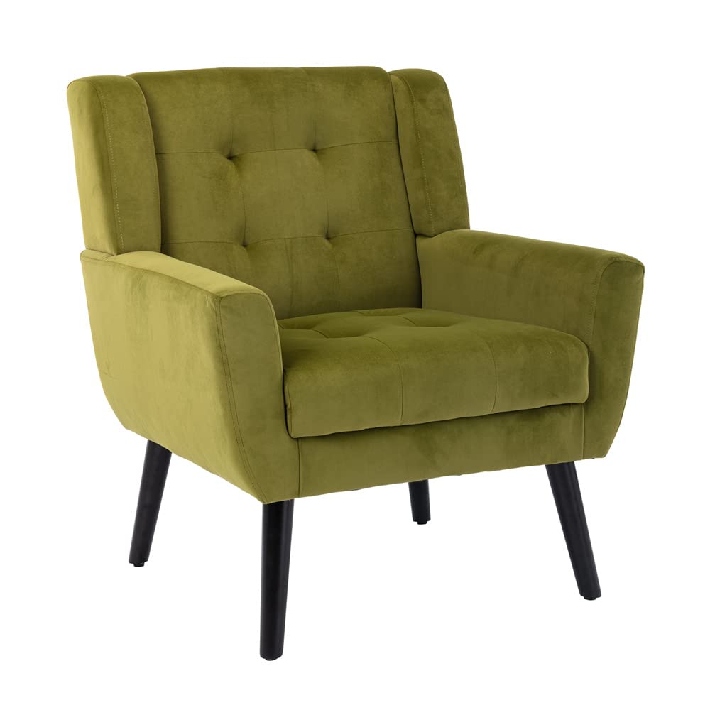 Modern Velvet Upholstered Accent Chair with Black Wooden Legs - Buttonless Tufted Armchair, Ergonomic Single Sofa with Padded Cushion - Comfortable Club Chair for Living Room, Bedroom & Office - Perfect for Relaxing, Reading or Enhancing Home Decor