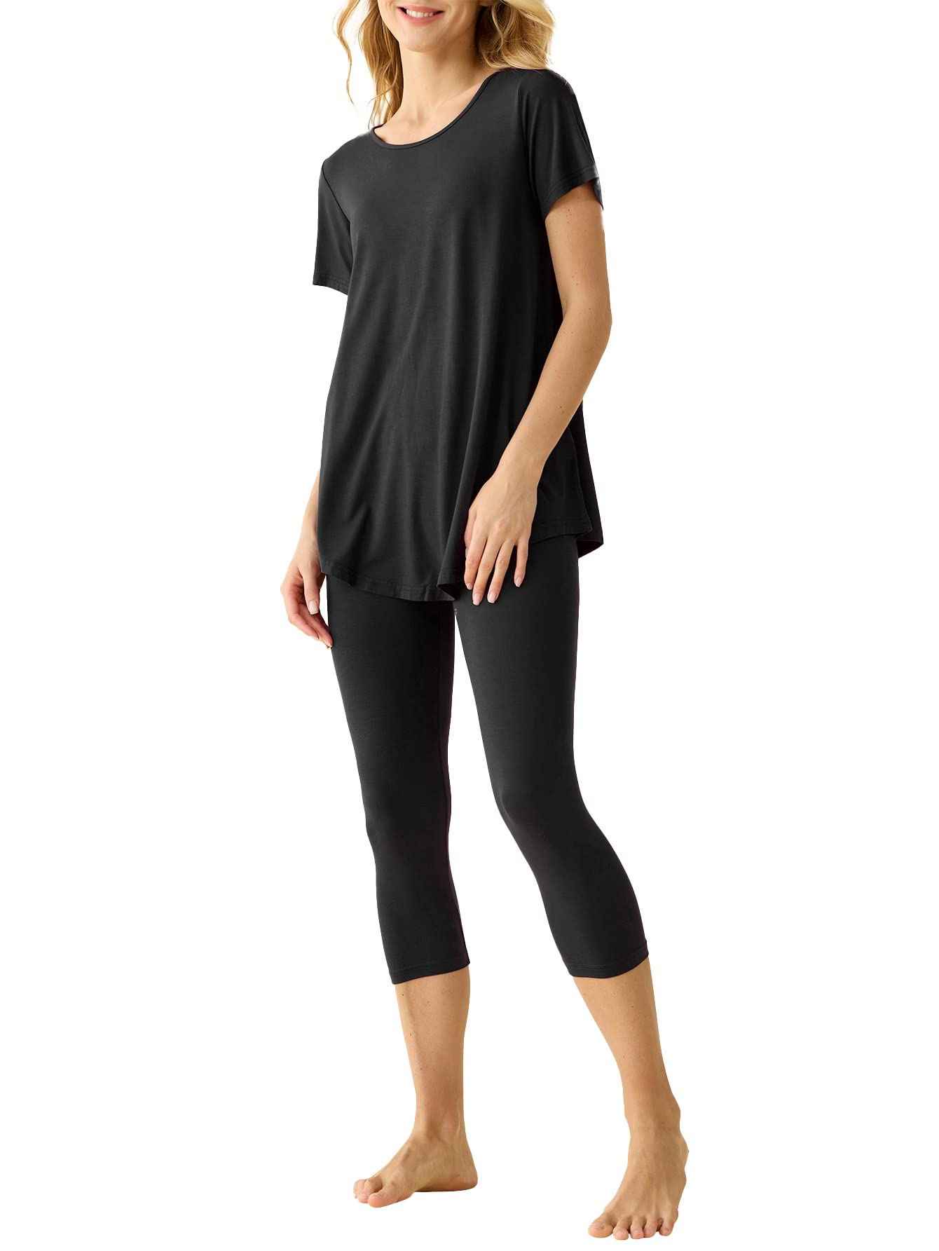 Women's Soft Bamboo Viscose Tunic Top & Capri Leggings Pajama Set - Comfortable Sleepwear for Lounge & Relaxation at Home