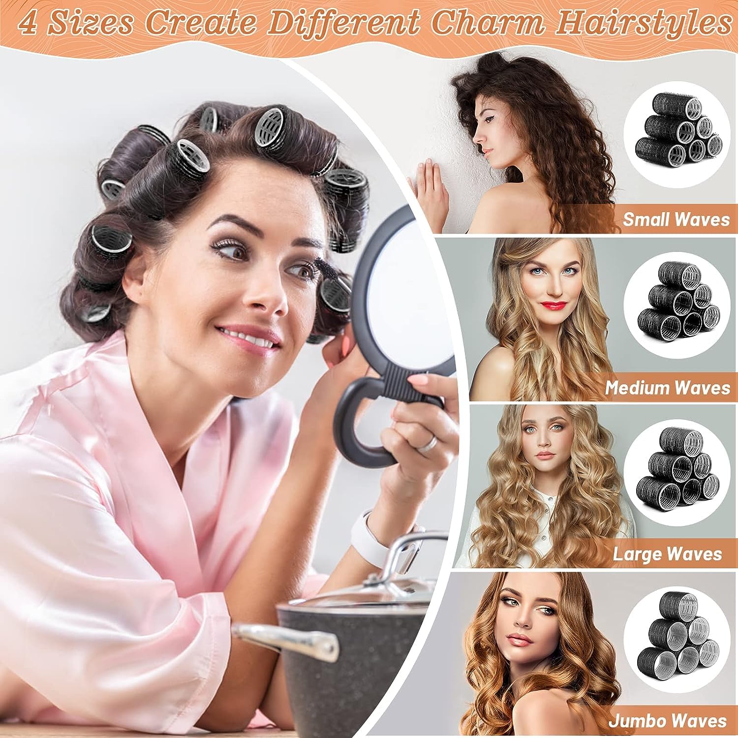 SIYAA Jumbo Heatless Hair Rollers Set - 24 PCS Self-Grip Curlers with 12 Clips (4 Sizes: Large/Medium/Small/Jumbo) for Long, Short, Thick & Fine Hair - Perfect for Overnight Styling, Salon Results at Home & Special Occasion Hairstyles