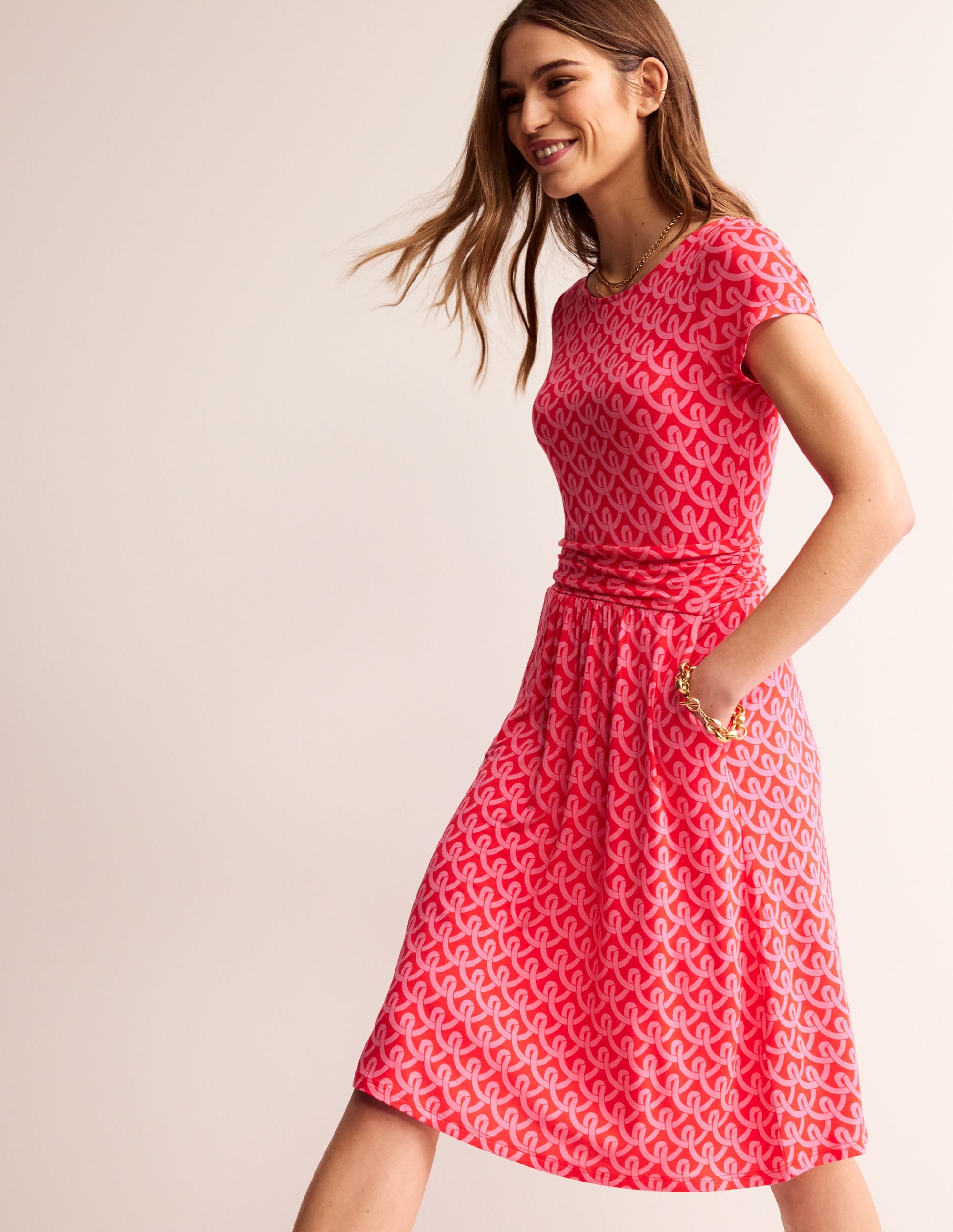 Amelie Jersey Dress in Sangria Sunset & Geo Terrace Print - Flowy Casual Summer Dress for Beach, Vacation & Outdoor Events