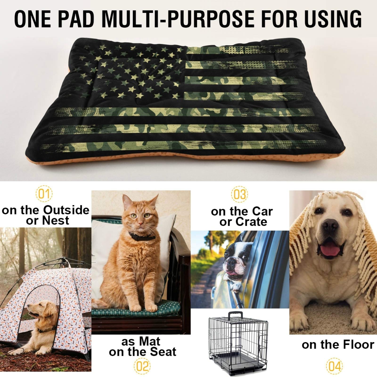 American Flag Camouflage Pet Bed - Ultra Soft Rectangle Dog & Cat Bed for Small Medium Large Dogs (36x24in) | Comfortable Calming Bed for Home, Crate & Travel Use