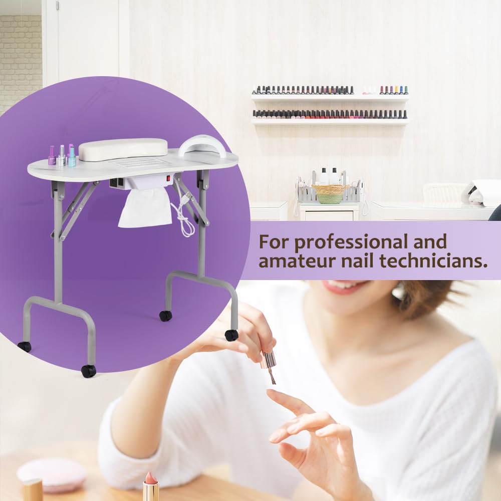 Professional Foldable Nail Tech Table with Charging Station & Dust Collector - Portable Manicure Desk for Salon & Home Use, White Marbled Design with Wrist Pad & 4 Lockable Wheels | Perfect for Nail Technicians, Spa Treatments & Mobile Beauty Services