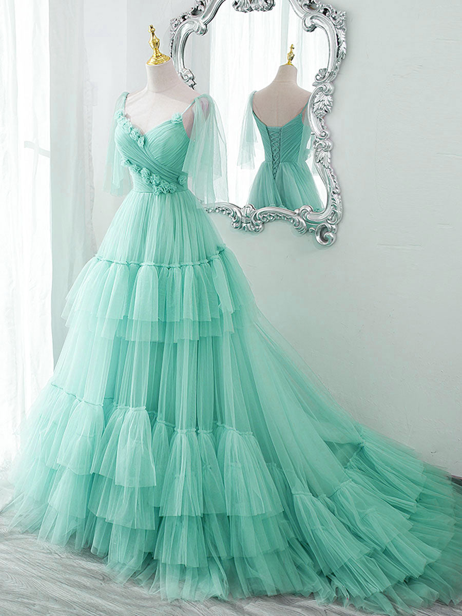 Elegant Blue V-Neck Tulle Long Prom Dress for Women - Formal Evening Gown for Homecoming, Ball, and Special Occasions