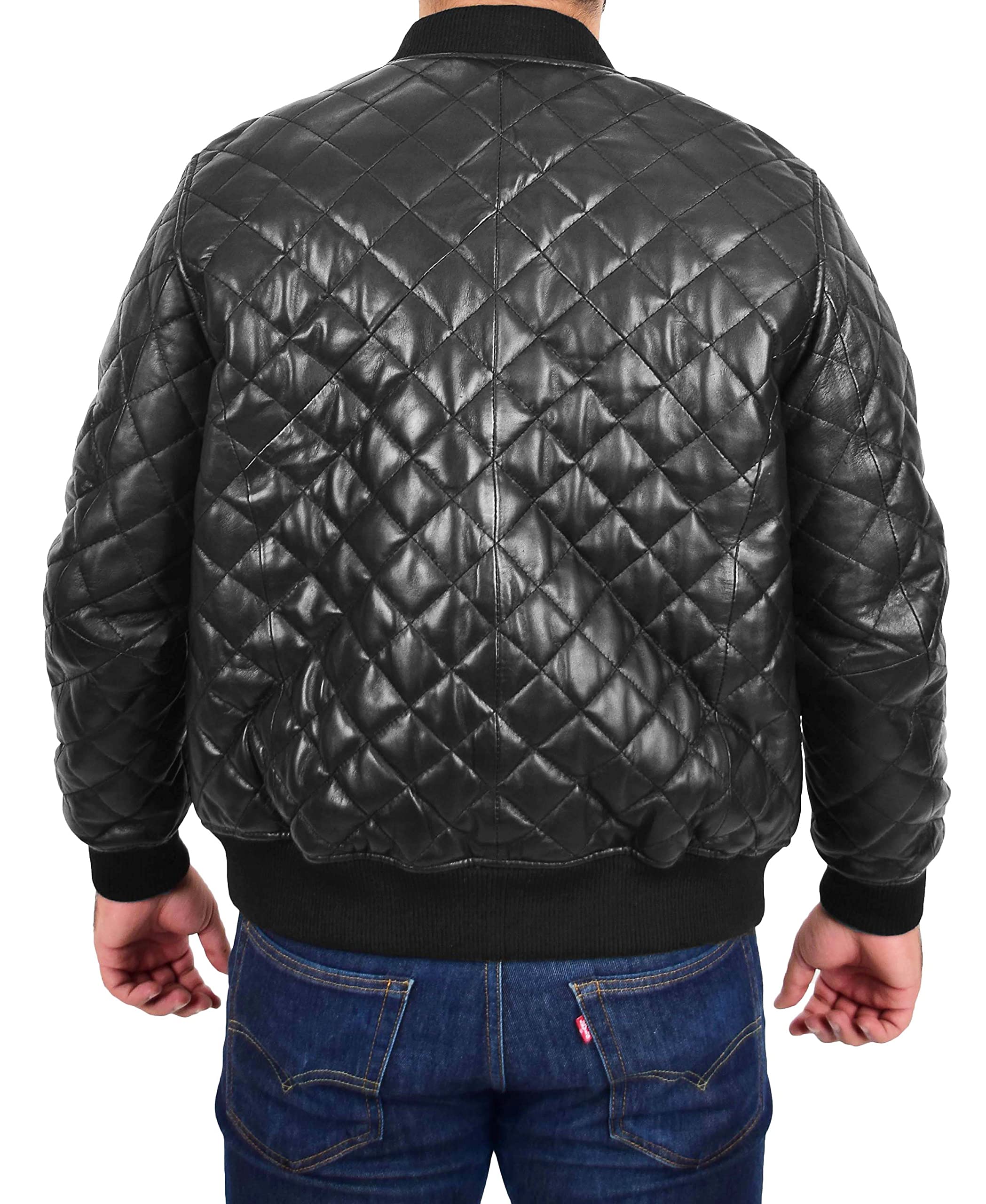 Men's Black Bomber Leather Jacket - Soft Quilted Padded Fitted Varsity Style - Perfect for Casual Wear, Motorcycle Riding & Night Out