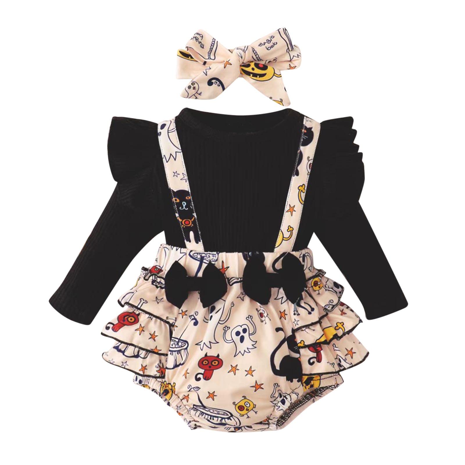 Egmy 25-Month Baby Girl Halloween Outfit - Ruffled Long Sleeve Cartoon Print Romper with Bow Knot for Infant Girls | Perfect for Halloween Costume, Photoshoots & Special Occasions
