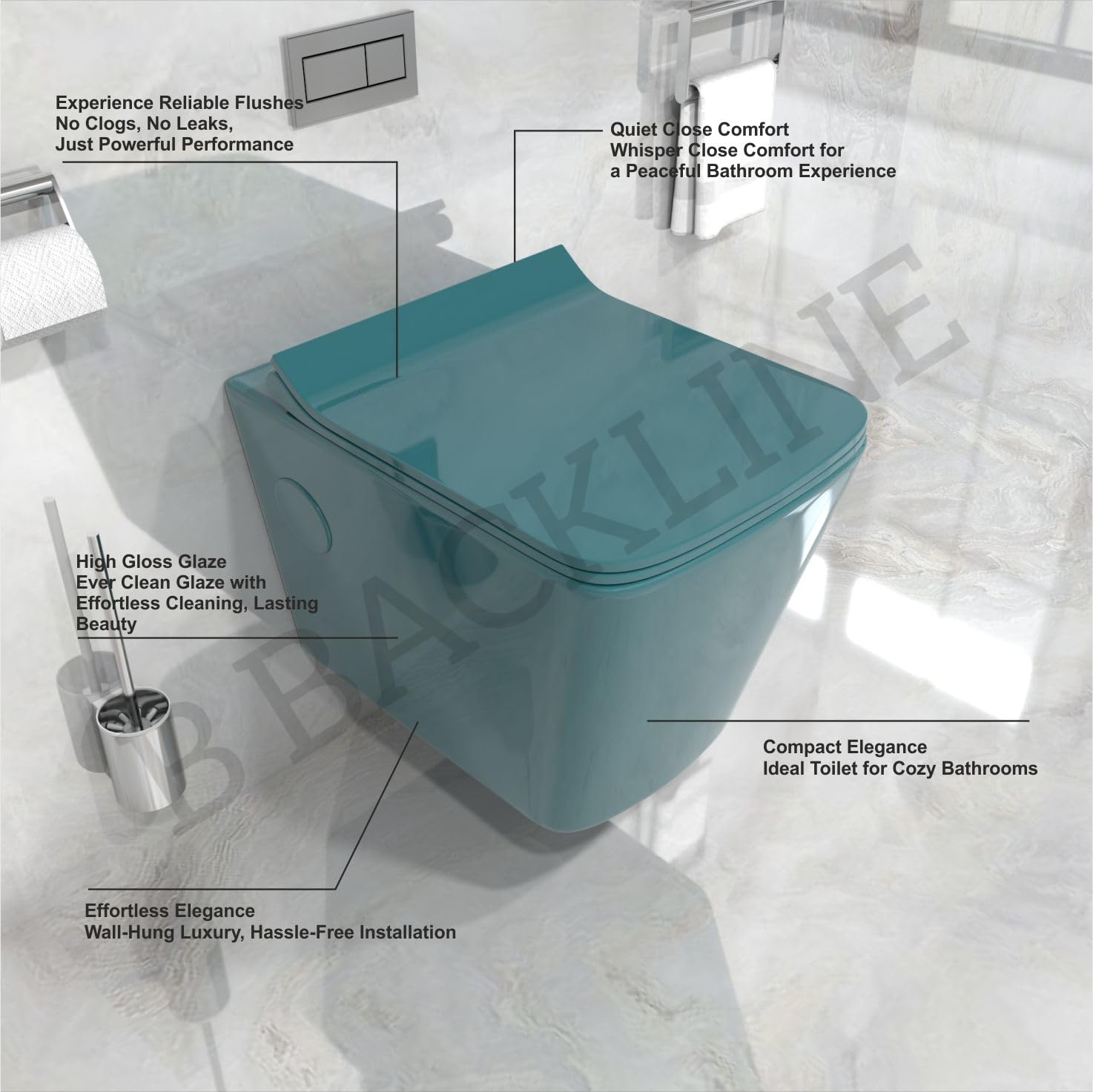 Ceramic Wall-Mounted Rimless Western Toilet with Soft Close Seat - Modern Water Closet for Bathroom, P-Trap Outlet, Green Glossy Finish - Perfect for Small Bathrooms & Contemporary Home Decor