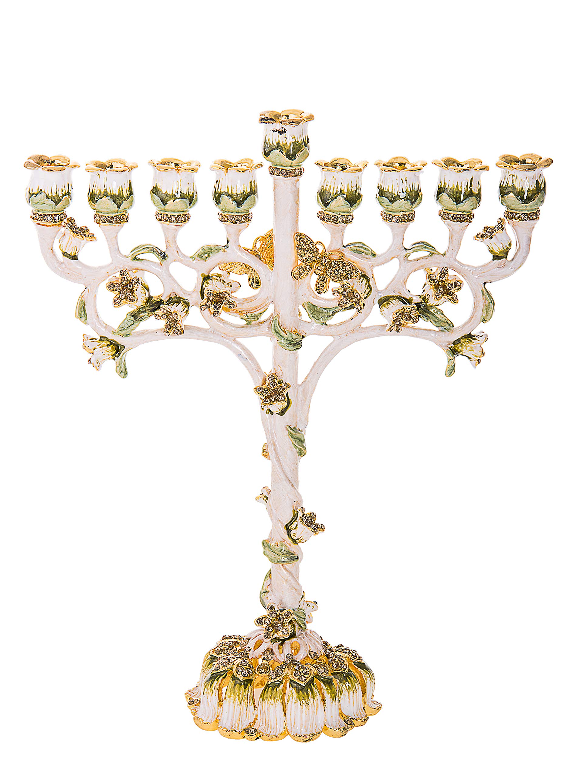 Elegant Floral Jeweled Hanukkah Menorah - White, Green & Gold Accents, Classic Branch Design for Standard Hanukkah Candles, 10