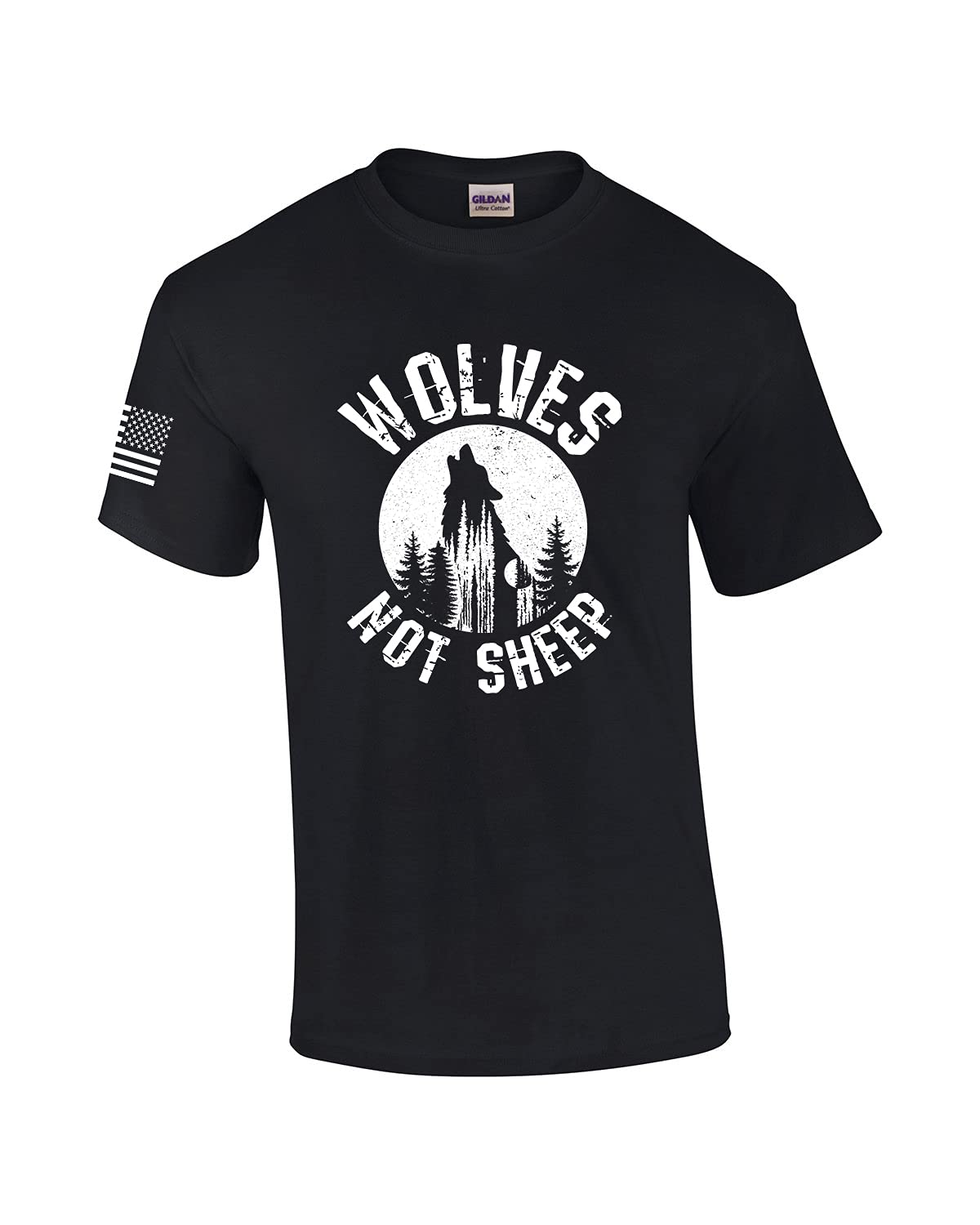Men's Patriotic American Flag Wolf Howling at Moon Graphic T-Shirt - Wolves Not Sheep Design - Perfect for 4th of July, Veterans Day & Outdoor Adventures