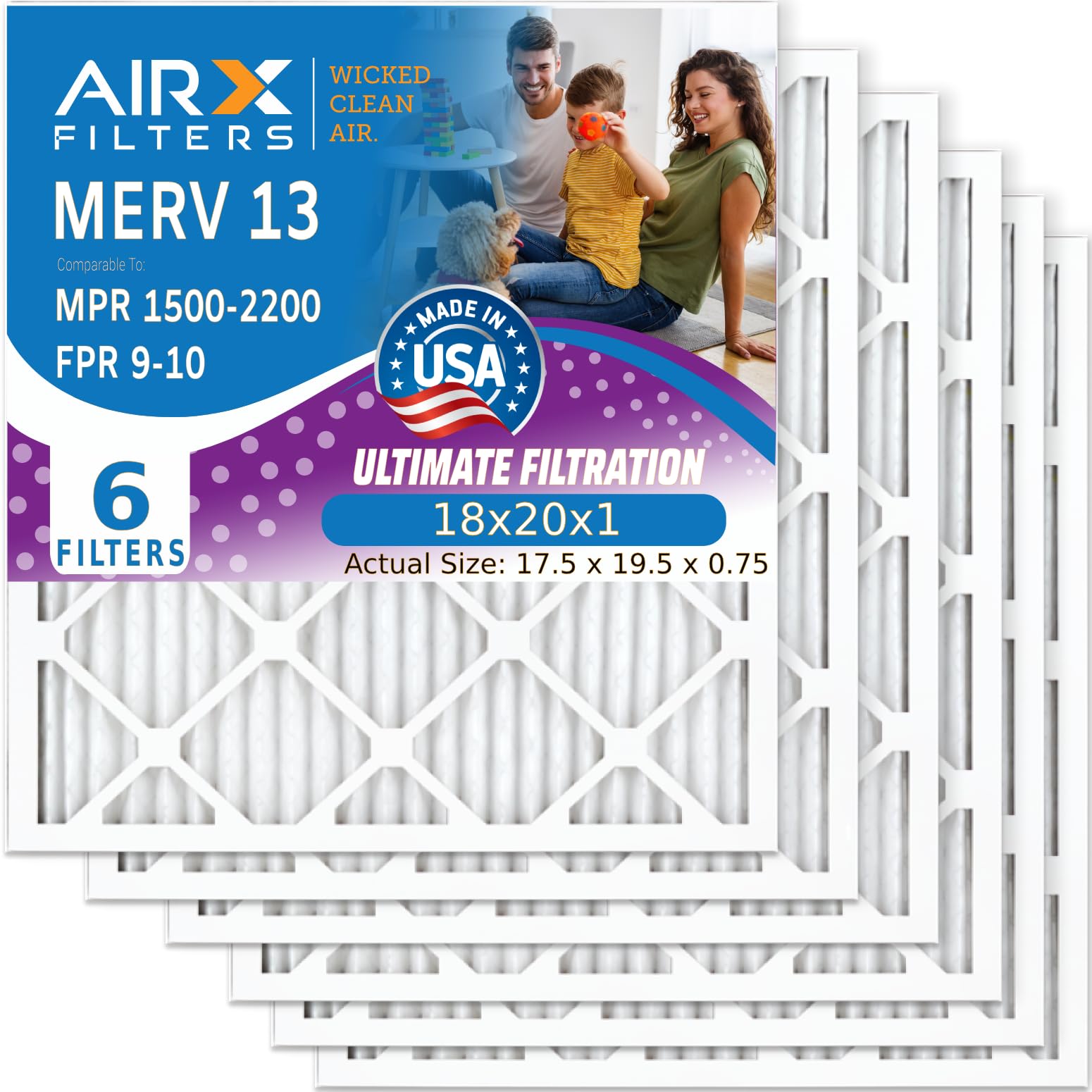 18x20x1 MERV 13 Electrostatic Pleated Air Filter 6 Pack - High Efficiency HVAC AC Furnace Filters for Cleaner Air | Perfect for Homes, Offices & Allergies Relief
