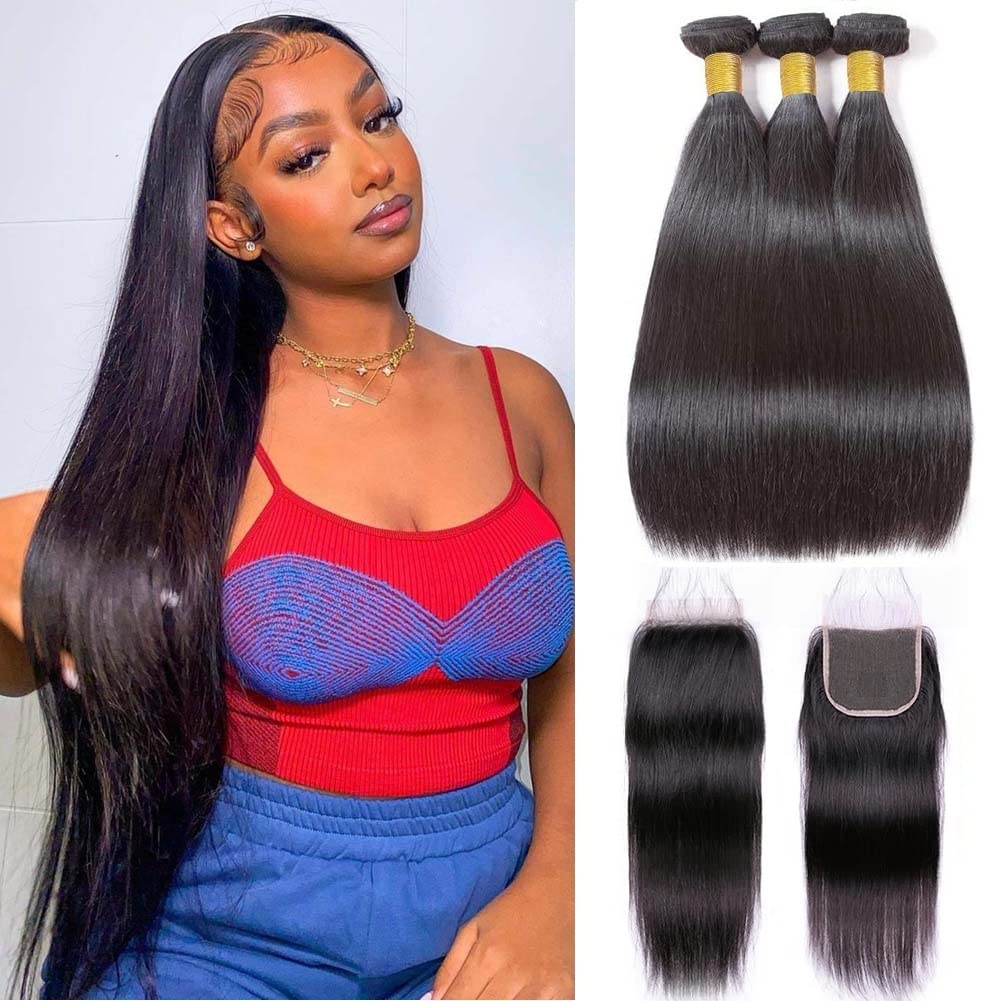 10A Brazilian Straight Human Hair 3 Bundles with Closure 20 22 24+18 Inch | 100% Unprocessed Virgin Hair Weave | HD Lace Closure | Perfect for Sew-in, Wig Making & Everyday Styling