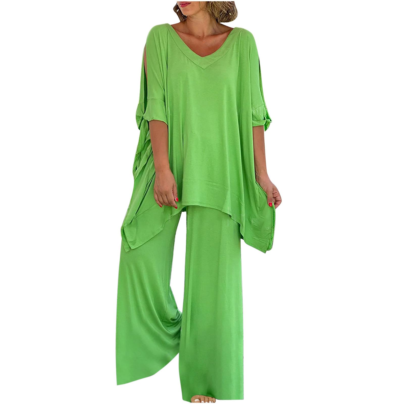 Oelaio Plus Size Women's Sweatpants Set - Wide Leg Fall Outfits & Two Piece Sweater Dress in Green | Casual Loungewear, Work from Home, Autumn Fashion
