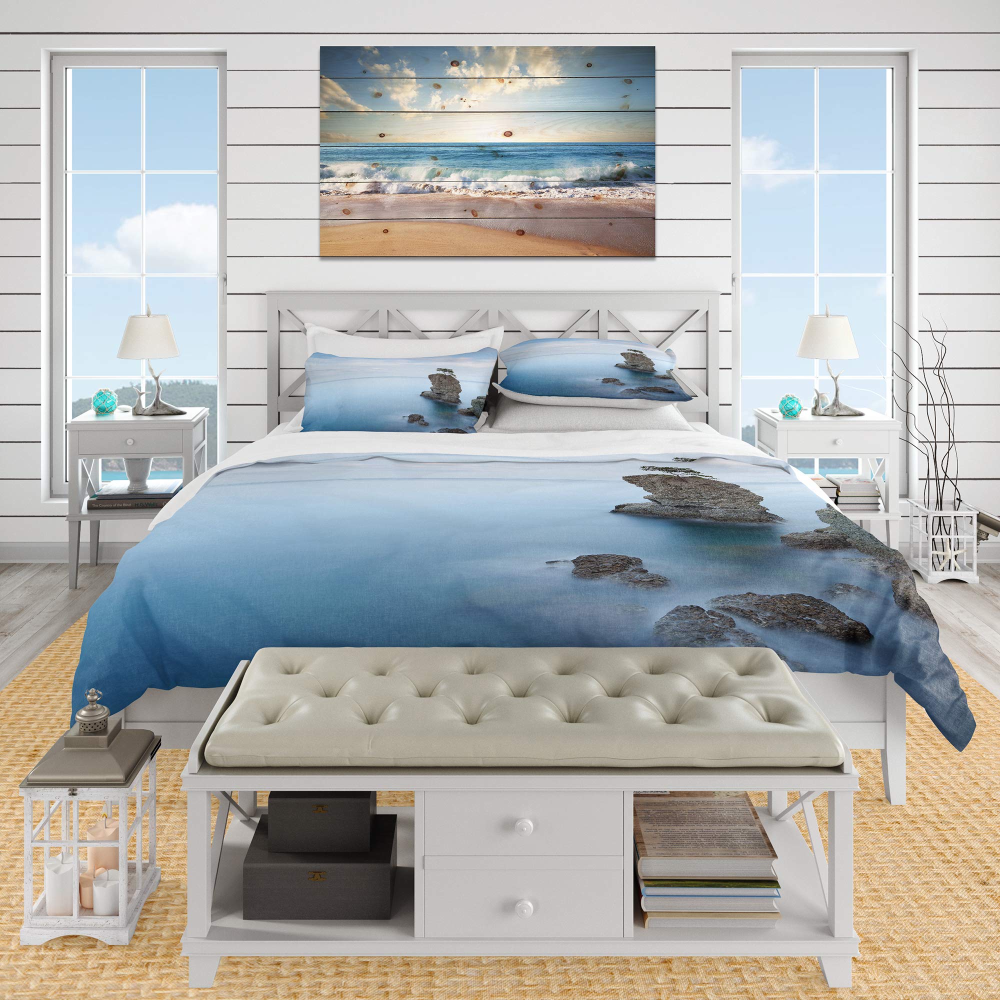 Pine Tree Rock Duvet Cover Set King - Nautical Coastal Bedding for Beach & All Seasons