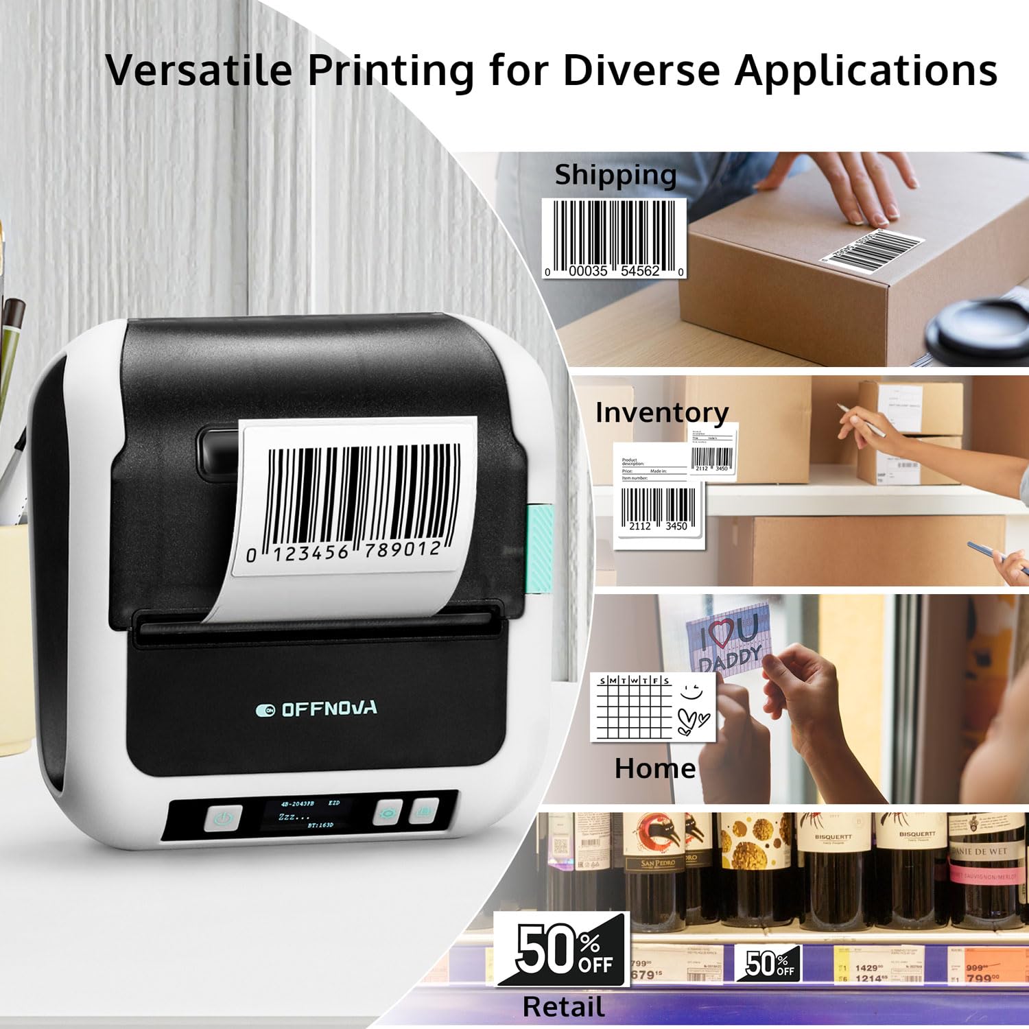 OFFNOVA 3 Inch Portable Bluetooth Thermal Label Maker with Tape - Barcode, Address, Mailing & Product Label Printer for Office, Home & Small Business - Compatible with Phone & PC - Perfect for Shipping, Inventory & Organization