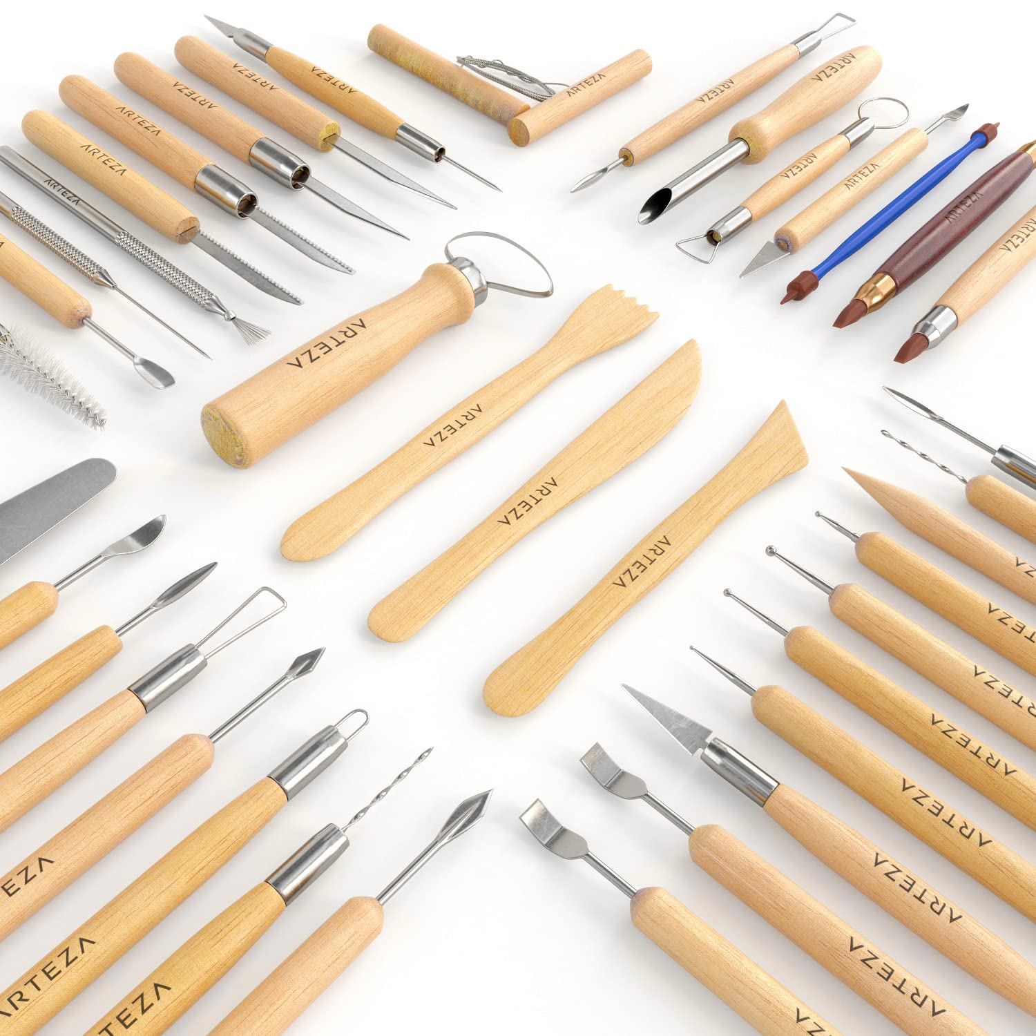 Arteza 42-Piece Pottery & Polymer Clay Sculpting Tools Set - Steel Tip with Wooden Handles for Modeling, Smoothing & Carving - Perfect for Ceramics, DIY Crafts & Art Projects