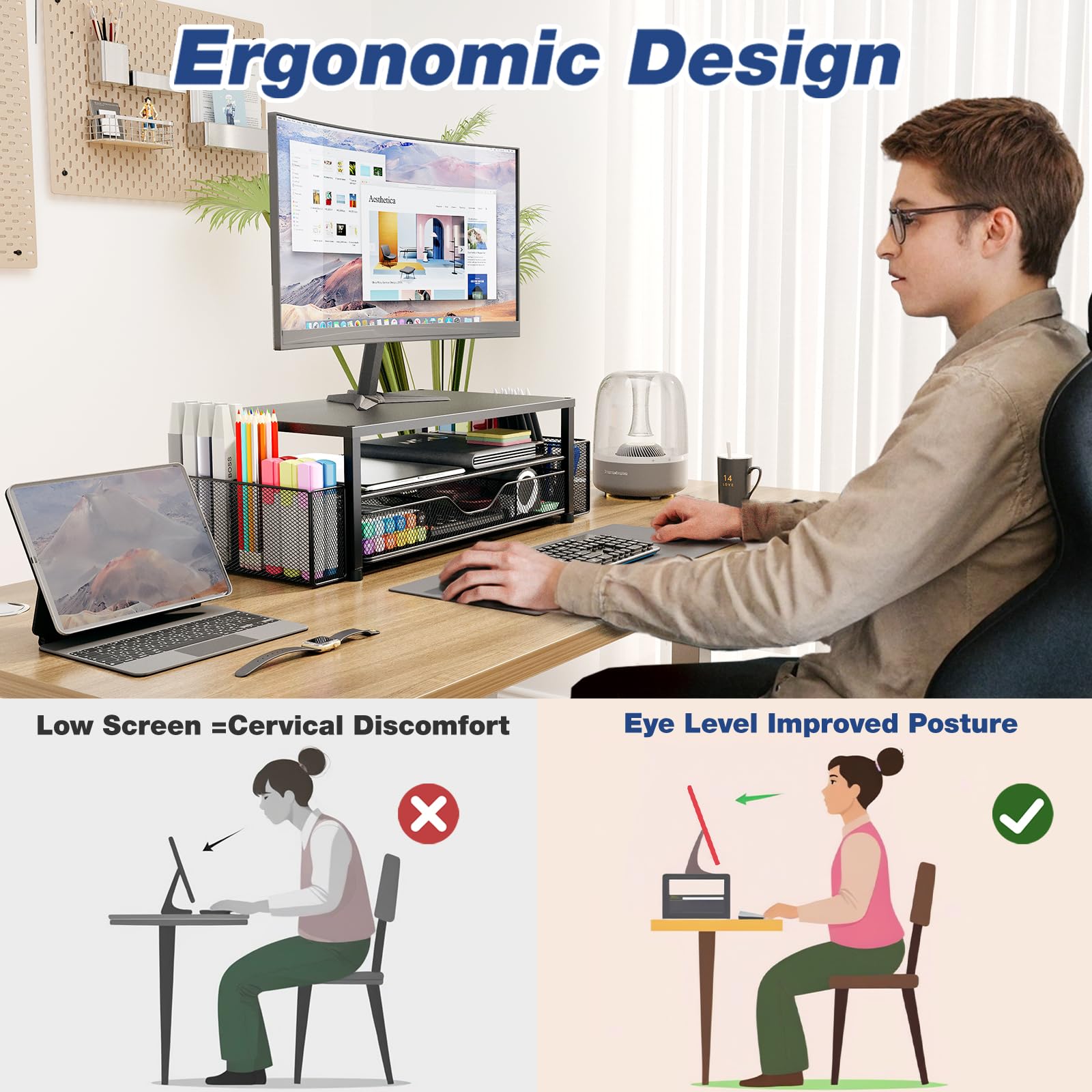 2-Tier Wooden Monitor Stand with Drawer & Pen Holders - Desk Organizer for Computer Accessories | Office Workspace Storage Solution for Supplies, Papers & Stationery | Perfect for Home Office & Workspace Organization