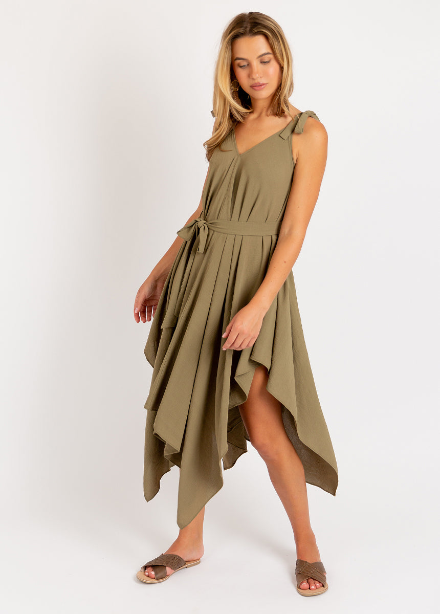Ellio Women's Olive Ash Green Casual Dress - Perfect for Office, Date Night & Summer Outings