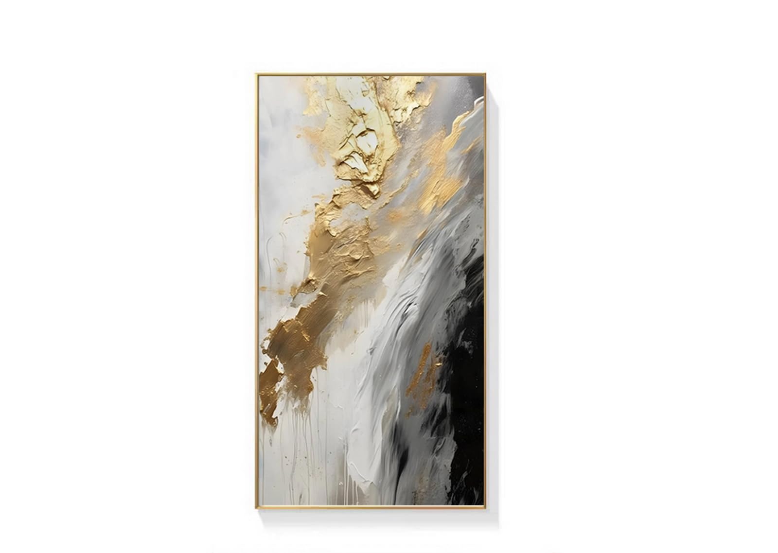 Hand-Painted Gold Abstract Oil Painting on Canvas - Framed White & Black Wall Art (24x48 Inch) for Living Room, Bedroom, Kitchen & Entrance Hall Decor | Large Modern Home Decoration Picture for Wall Display & Interior Design